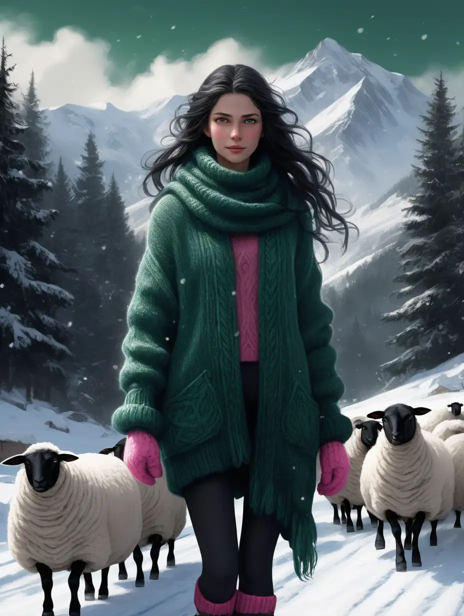 Winter Guardian Elara Tending to Her Flock in a Mountain Village