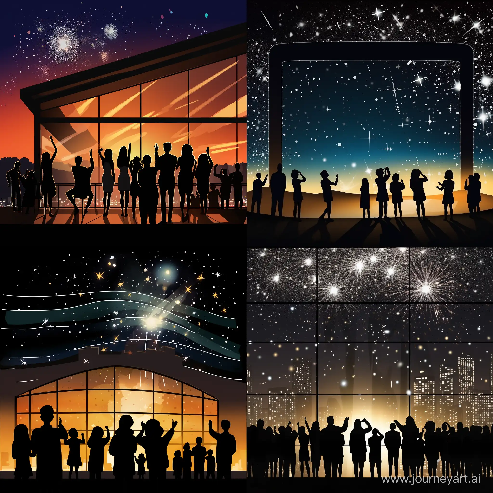 cartoon scene frame of New Year’s Eve night, with people looking to the sky watching a drawn made with lights in the sky with just the shape of a building, inspired by modern architect Oscar Niemeyer, in cartoon style