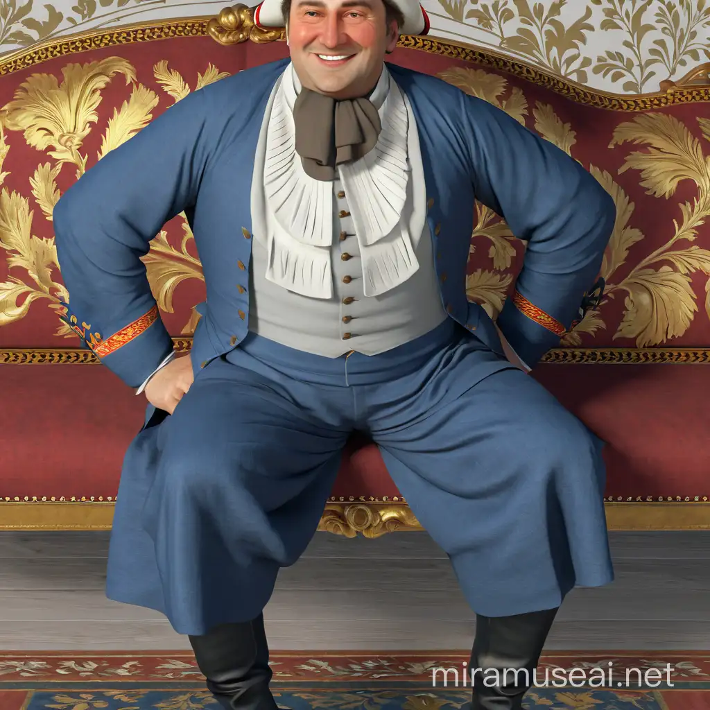 An 18th century Russian merchant sits on a sofa wearing a smart national shirt. We see him in full height, with arms and legs. He smiles, his cheeks are red, on his head a hat. In the style of 3d animation, realism.