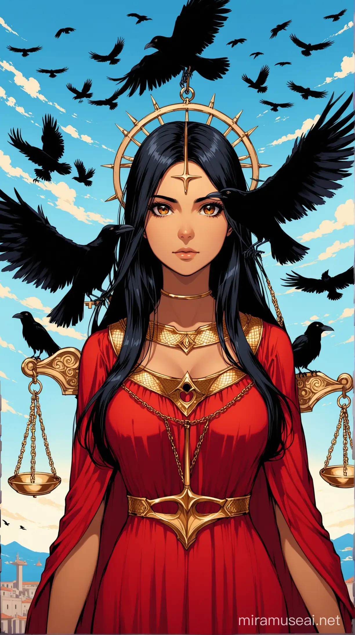 Latin Woman Contemplating Justice Symbolic Scales and Ethical Dilemmas