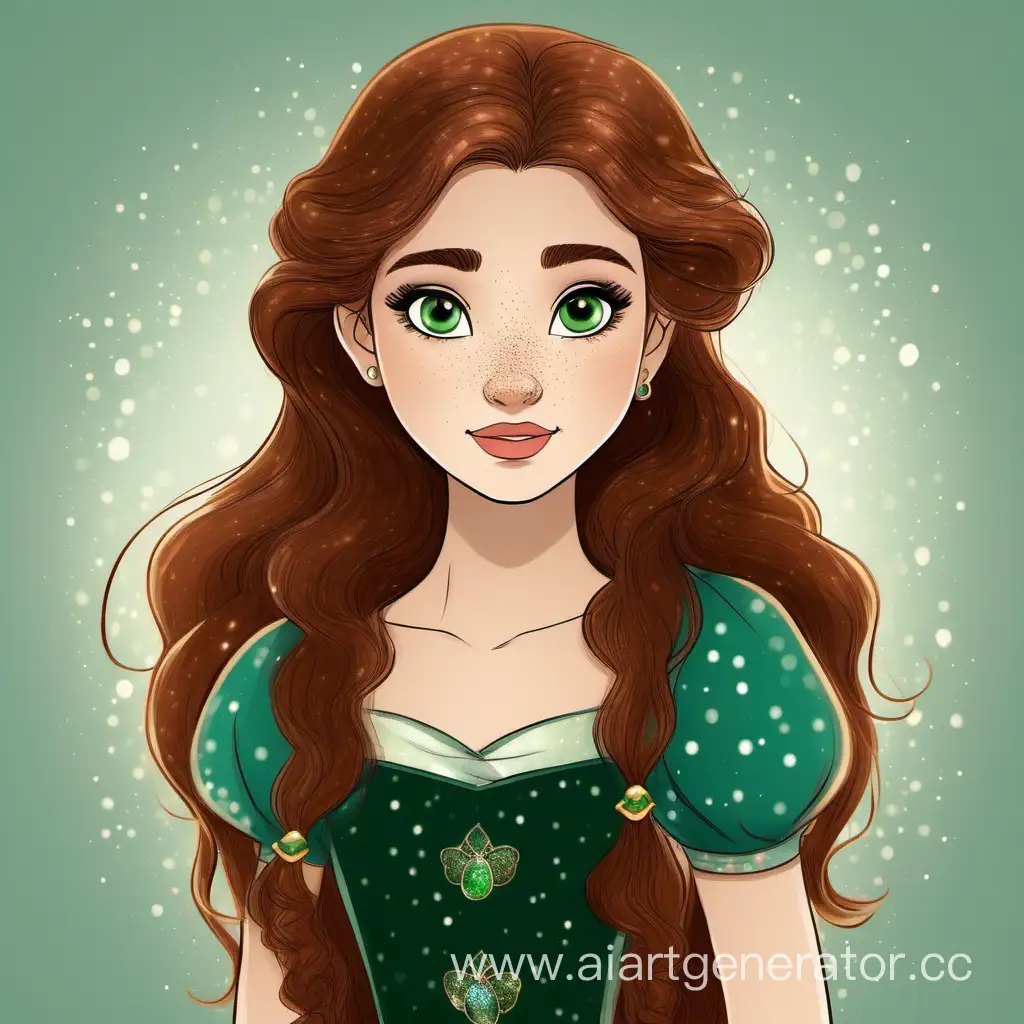 Девушка в стиле принцесс диснея в длинными коричневыми волосами ,с тёмно-зелёными глазами и веснушками