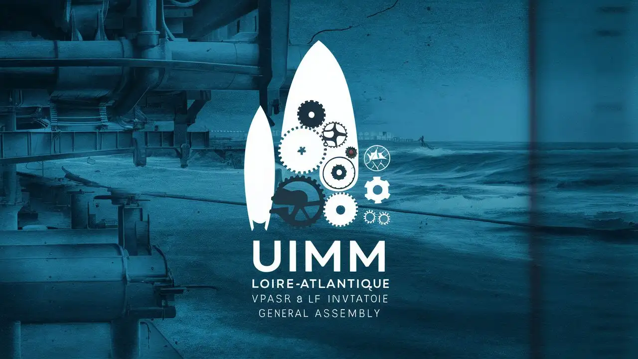 créer un visuel d'invitation à l'assemblée générale de l'UIMM Loire-Atlantique, Un visuel classe alliant l'ambiance industrielle en premier, mais avec un esprit mer et surf, dans les tons bleus