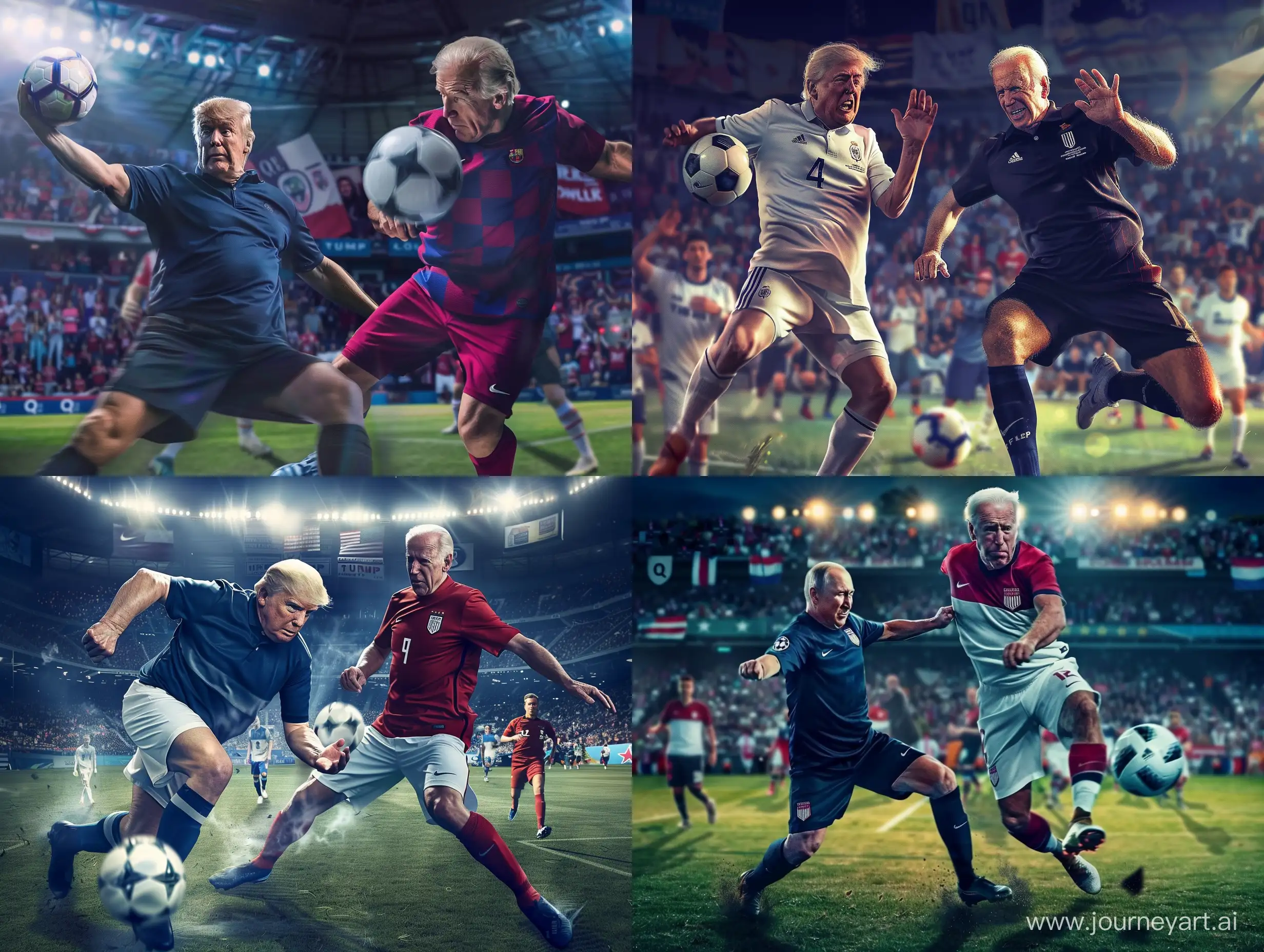 Donald Trump in soccer football game VS Joe Biden shooting the ball, in sportswear, full body, background of fans of both teams on stadium seats with different attractive elements, at night, realistic, sports lighting, q2