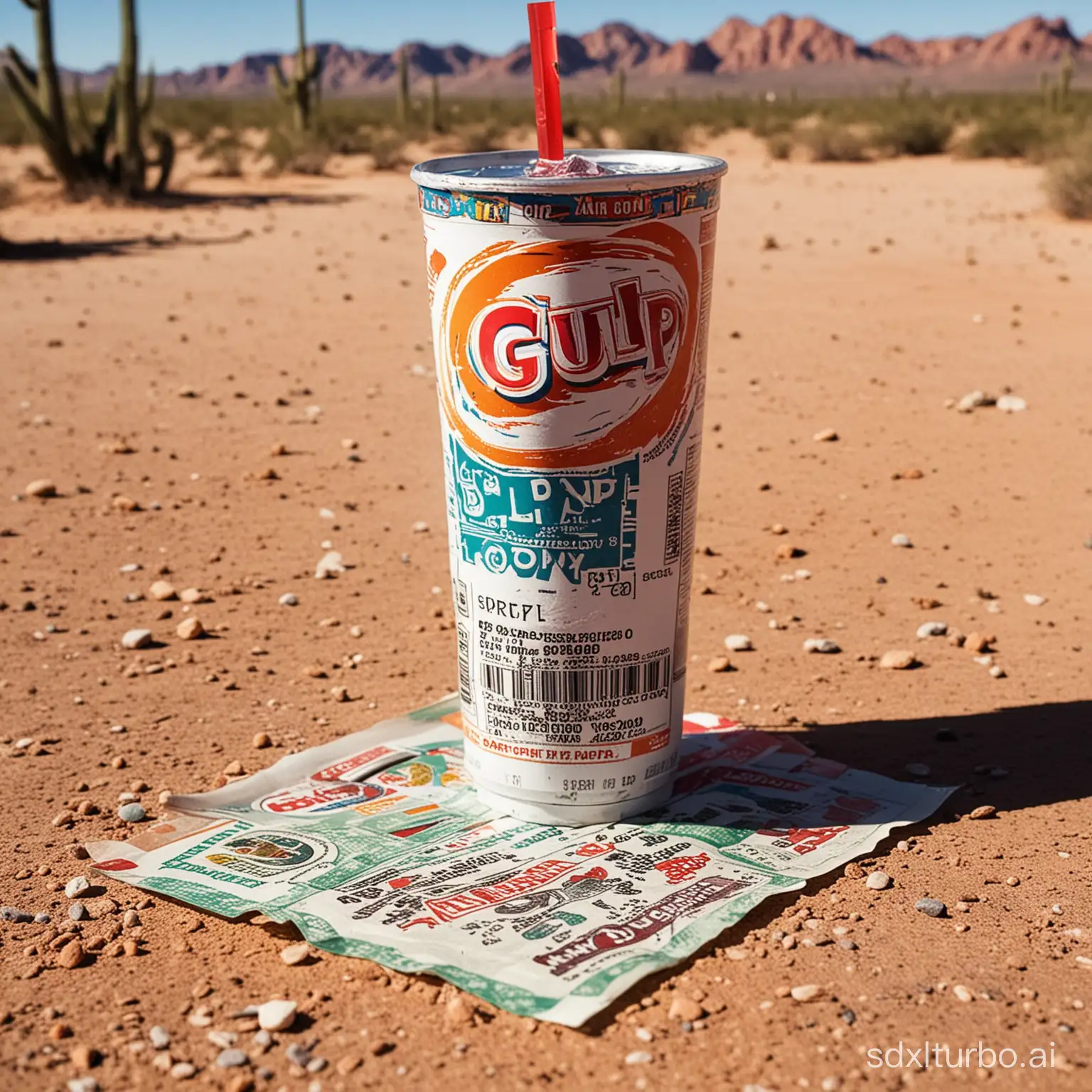 A product photo of a Big Gulp drink and a single scratched lottery ticket, in the scorching arizona desert