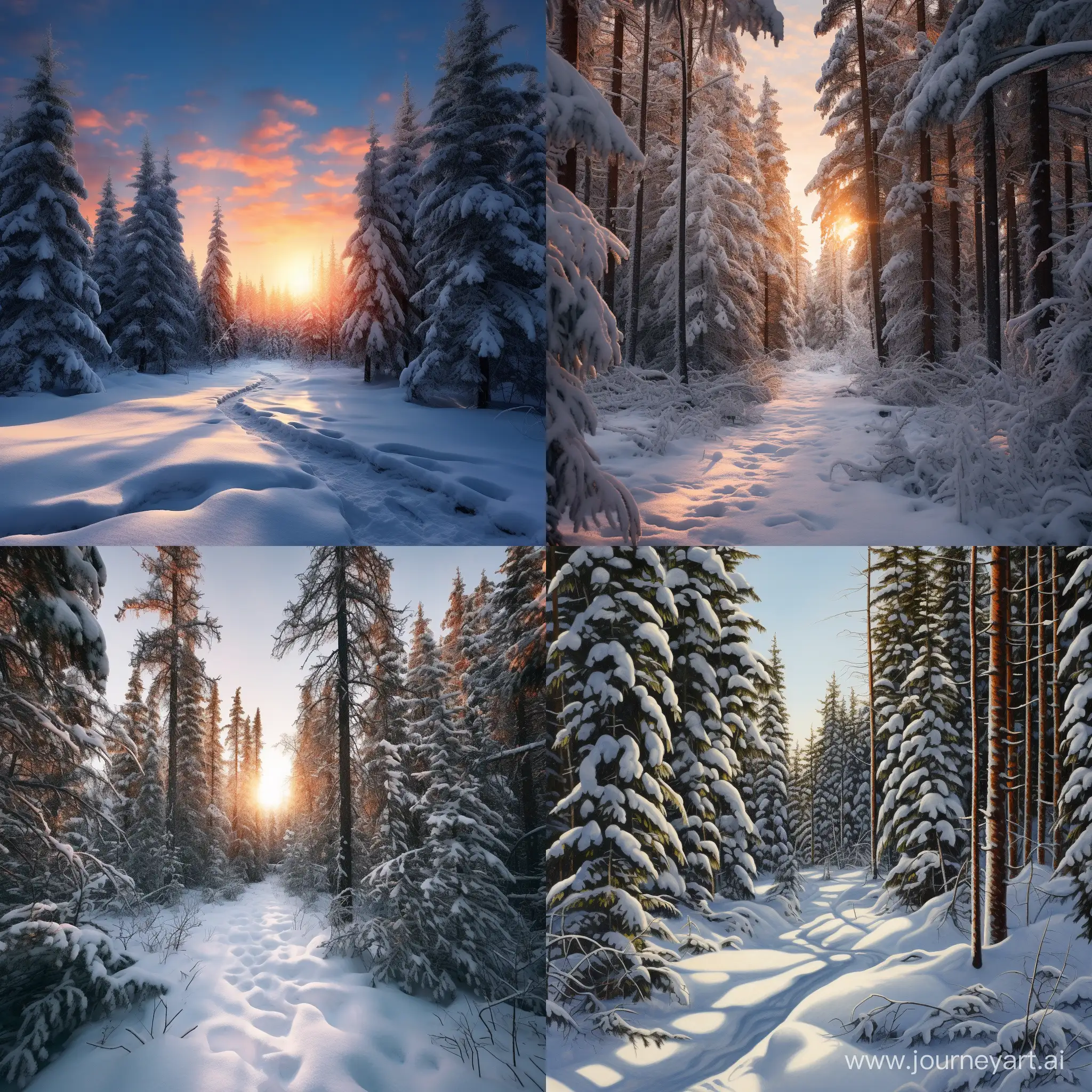 Заснеженный зимний лес, ели, пихты, сосны, кедры, мягкое освещение