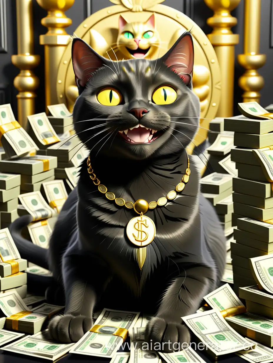В роскошной комнате из золота и серебра сидит черный кот с золотистыми глазами, вокруг него очень много денег, кот улыбается