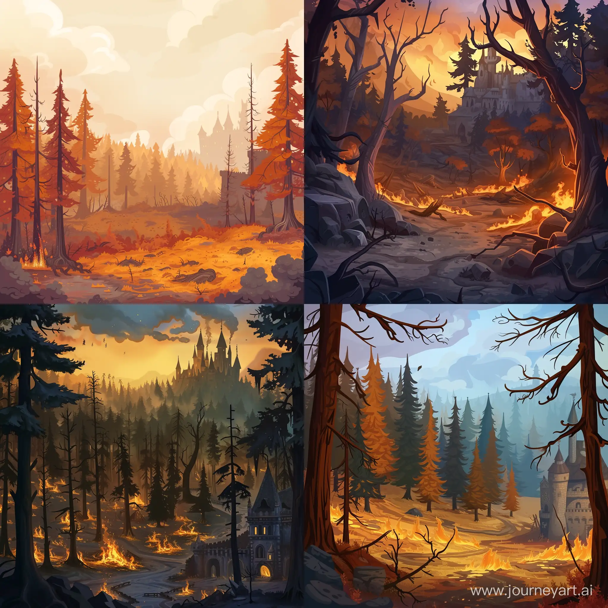 Нарисуй задник для мобильной казуальной игры, на картинке должен быть выгоревший лес, в правом нижнем углу должен быть замок