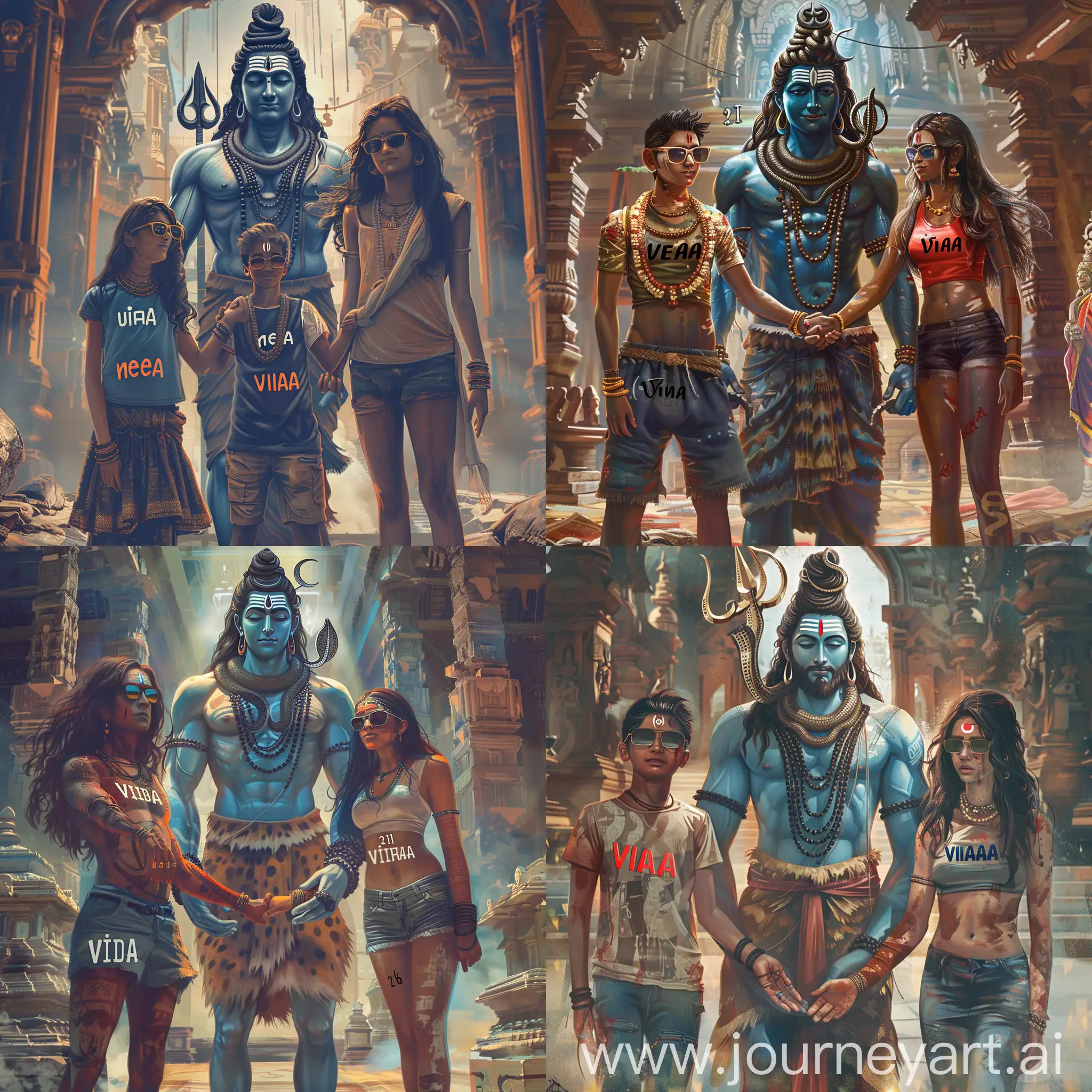 create a high quality realistic image, in which lord shiva is holding hands of a 31 year old boy WITH SUNGLASSES and 26 year old girl, both are wearing casual dress with name of girl 'NEHA' and name of boy 'VIJAY' written boldly on their top, both are watching towards lord shiva with little smile, all three are standing with lord shiva in middle , the background is of interior of a temple and the environment is gorgeous.