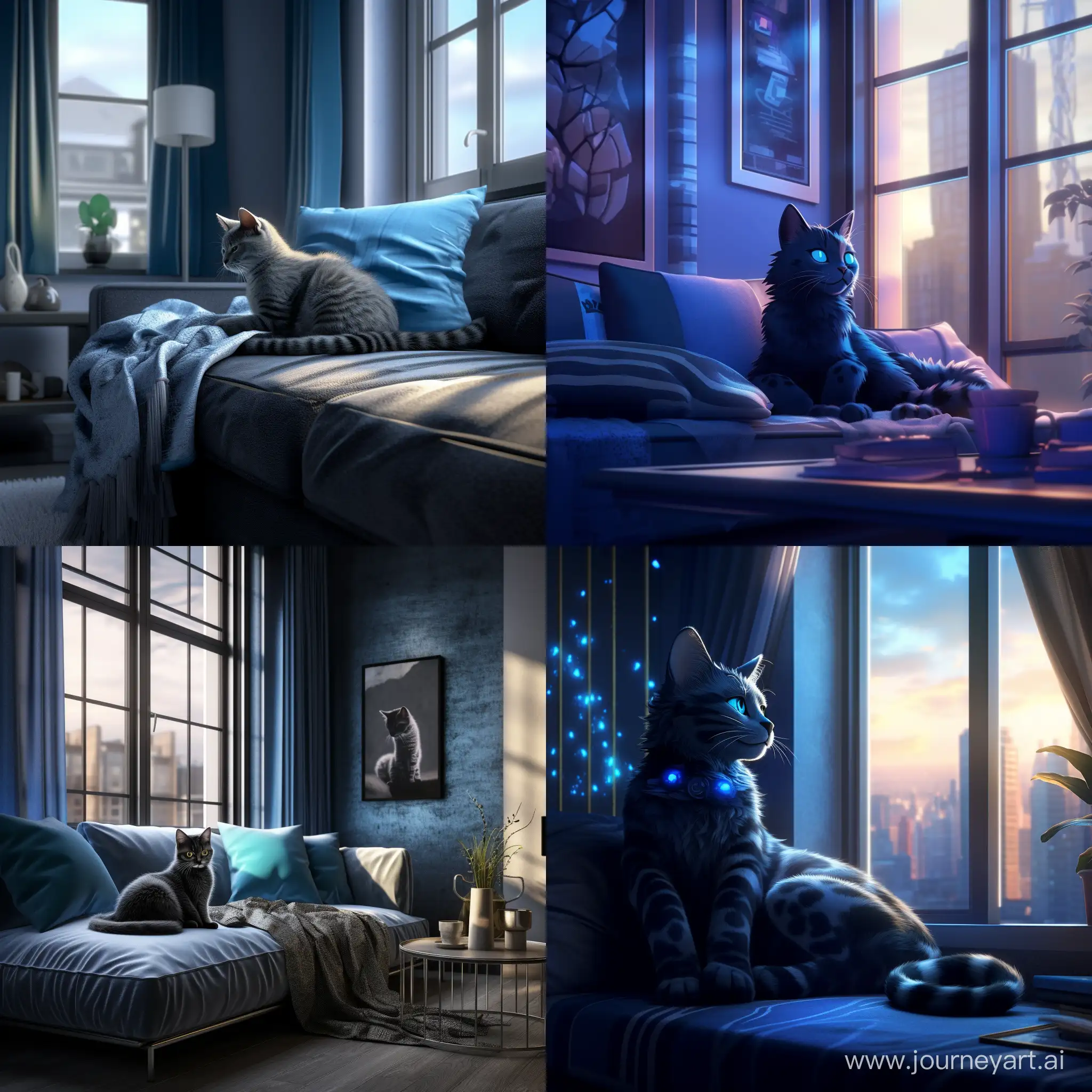 голубая кошка с черными узорами лениво разлеглась на фоне современной квартиры, мягкий свет проникает через окна отбрасывая блики на кошку
