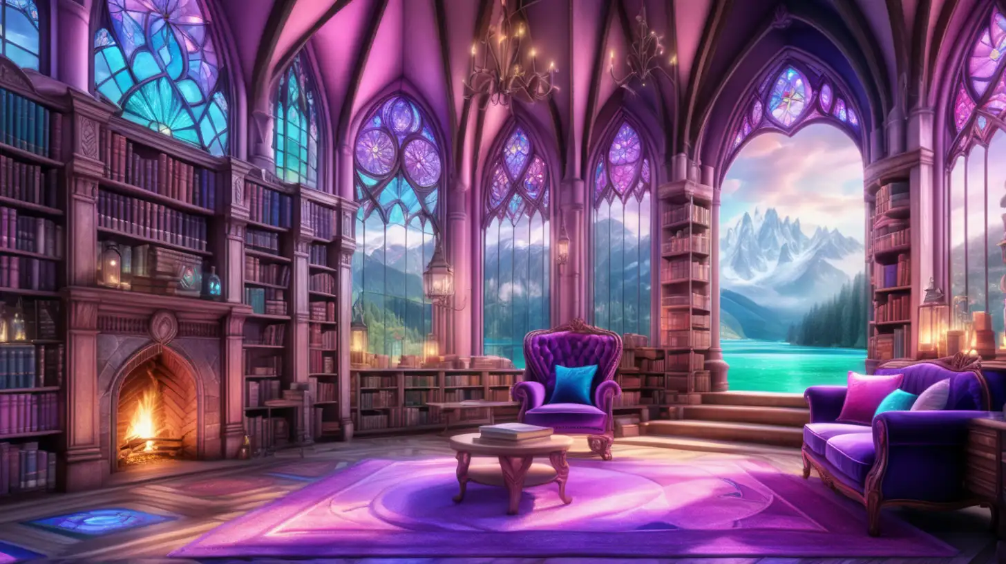 Giant library with stain glass and windows and books and glowing potions and a bright-blue river to mountains and path to fairytale magical cozy-giant-elegant-fireplace. Pink. Green. Blue. Purple.