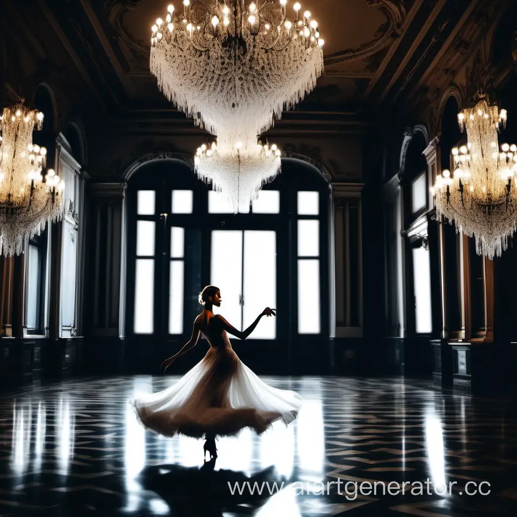 A beautiful woman in a white ball gown dances a tango under the palace crystal chandeliers in a dark fashionable apartment