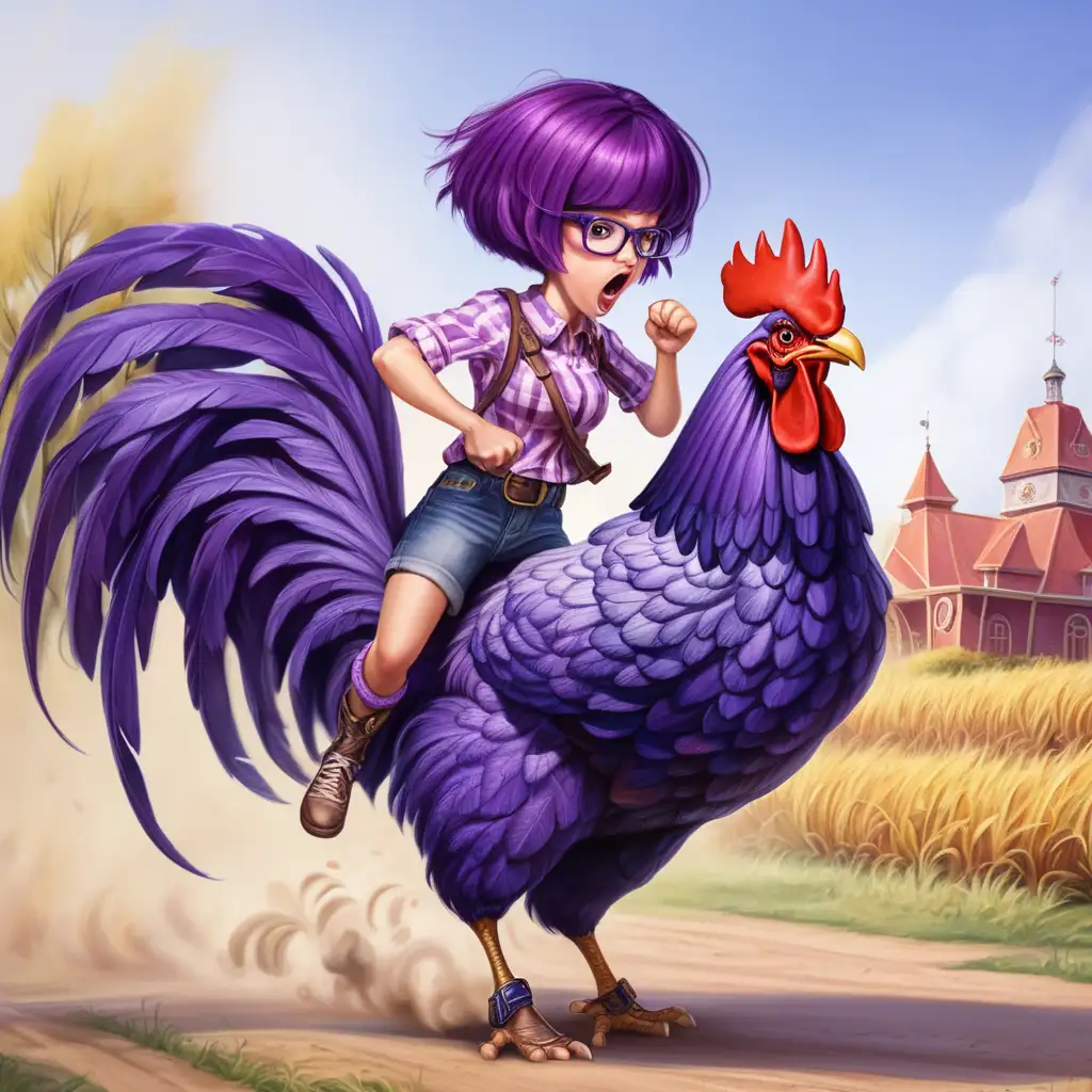Woman with Short Purple Hair Battling a Colossal Rooster in a Fantasy Setting