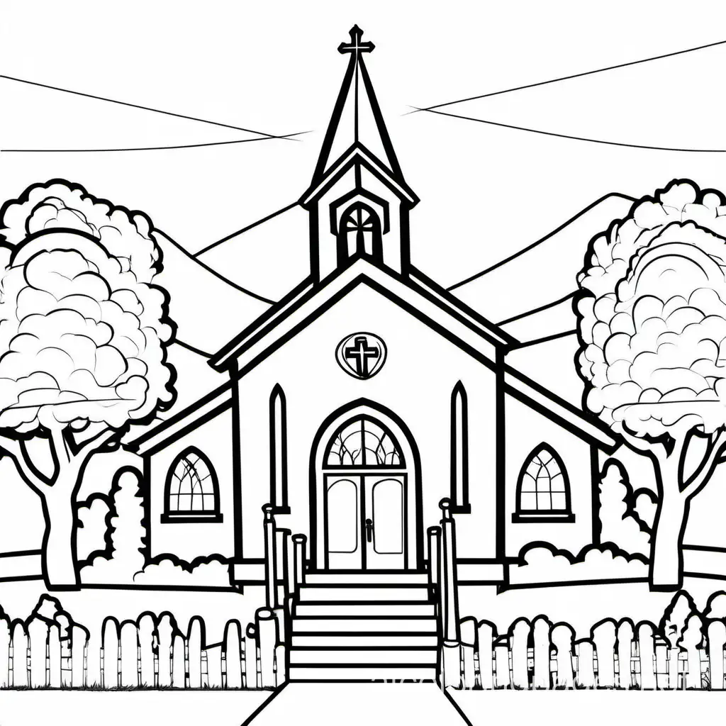 A small town church, Coloring Page, black and white, line art, white background, Simplicity, Ample White Space. The background of the coloring page is plain white to make it easy for young children to color within the lines. The outlines of all the subjects are easy to distinguish, making it simple for kids to color without too much difficulty