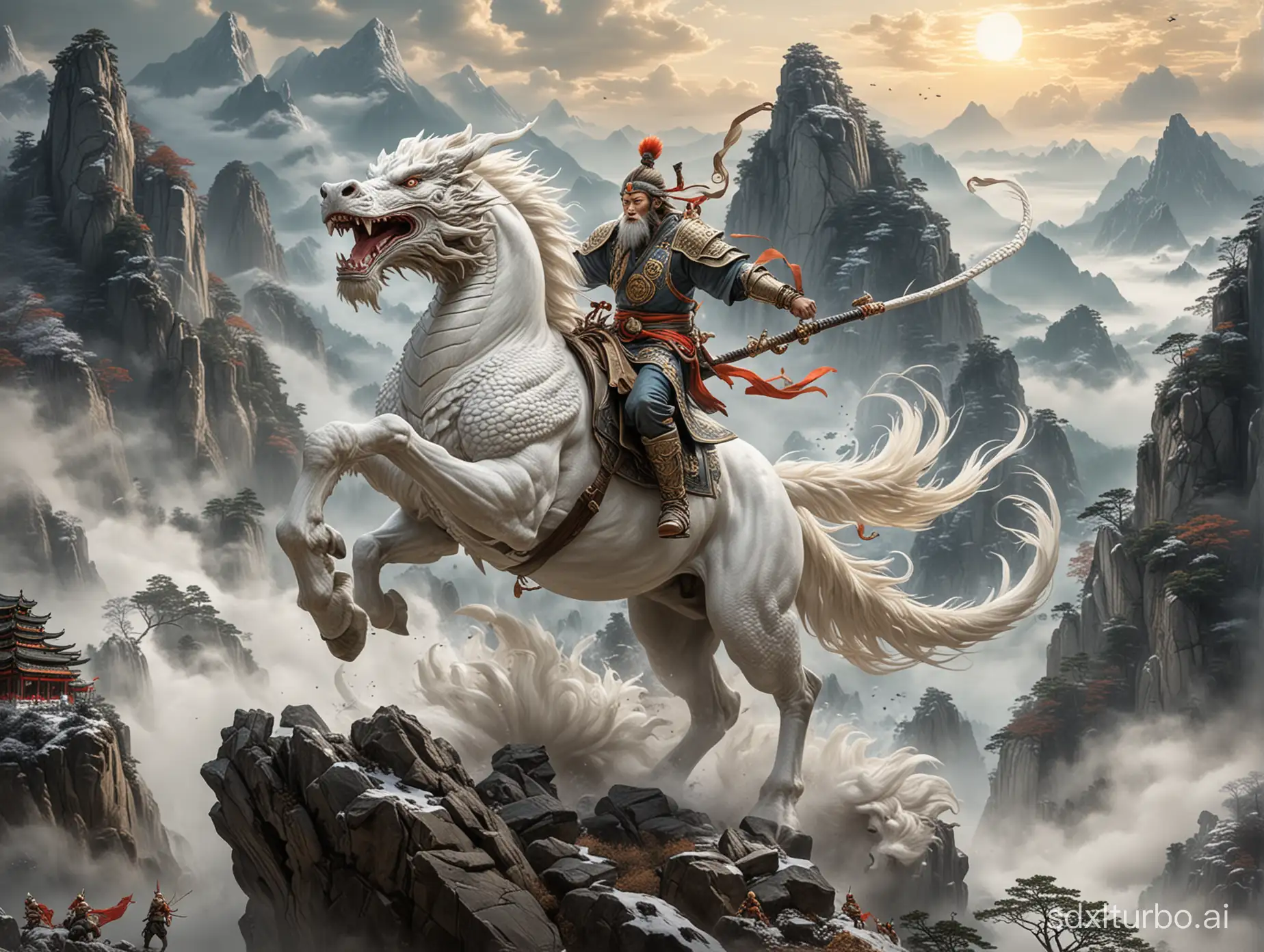 Sun Wukong riding on the white dragon horse battles against the towering Mount Qingtian.