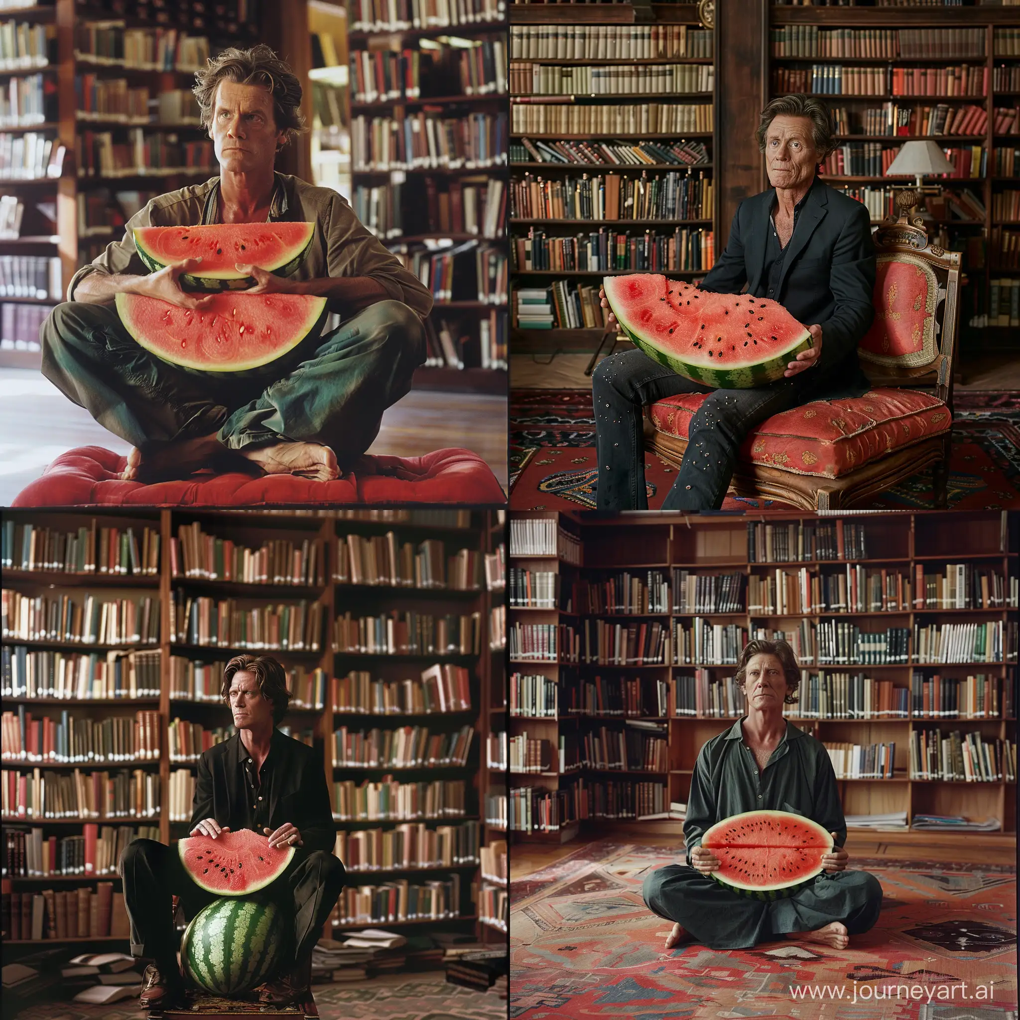 Willem-Dafoe-Relaxing-on-a-Giant-Watermelon-in-the-Library