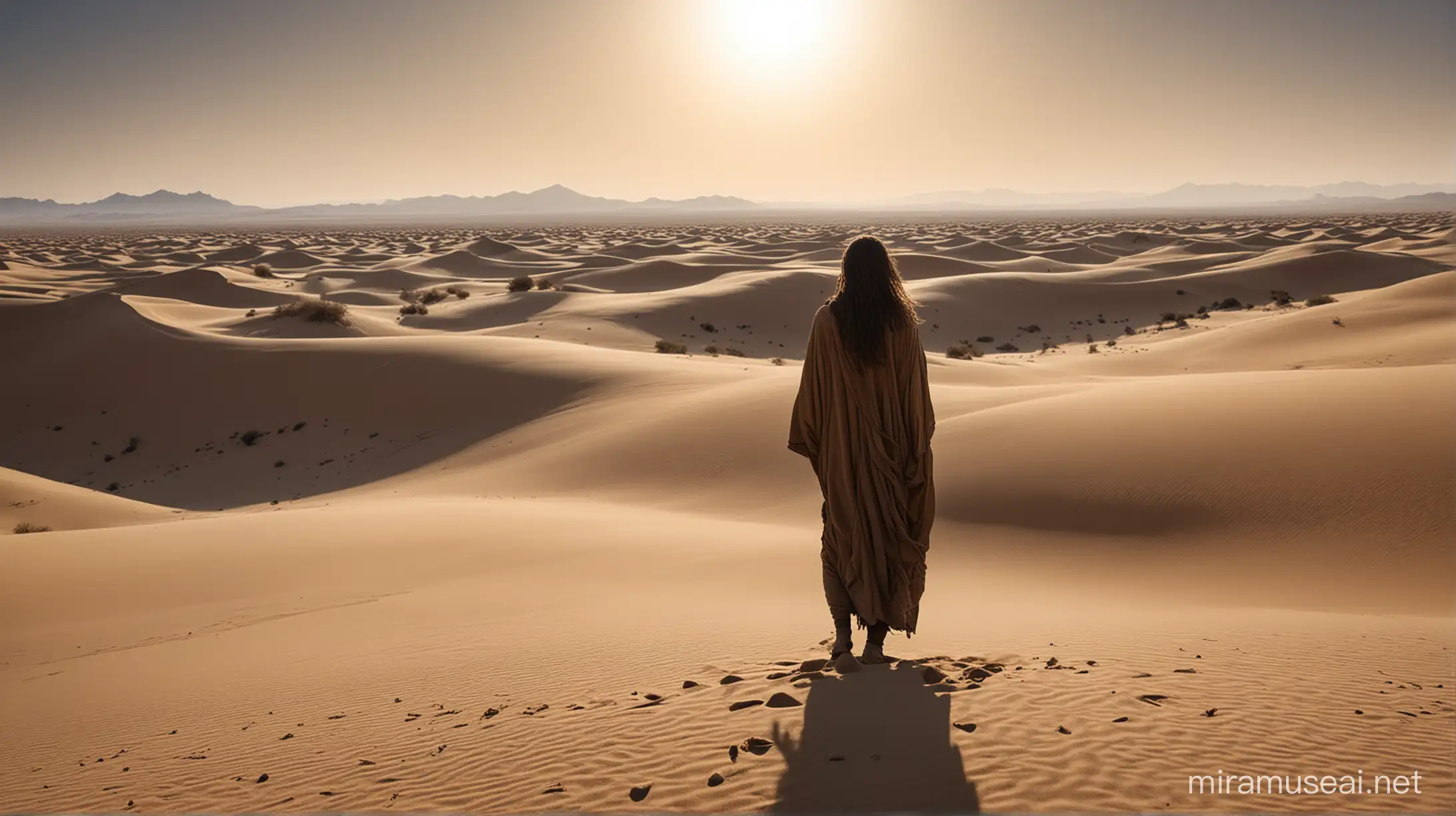 Amidst the vast expanse of the desert, where dunes stretched like frozen waves under the scorching sun, stood a solitary figure. His silhouette, outlined against the horizon, bore an air of rugged determination. Long, flowing locks of hair cascaded down his back, reminiscent of desert winds weaving through sandstone cliffs. His piercing azure eyes, framed by a thick mane of facial hair, gazed into the distance with an intensity that seemed to pierce the very fabric of time.

Cloaked in the mystique of the desert, he stood tall, a nomad of the sands, his presence commanding the attention of both the harsh landscape and the relentless elements. The sun, casting long shadows across the dunes, painted his form in hues of gold and amber, as if nature itself conspired to imbue him with the essence of the desert.

With a Nikon Z8 camera in hand, its lens capturing every minute detail with unparalleled precision, the scene unfolded in exquisite clarity. The desert, with its shifting sands and ancient secrets, sprawled before him like an endless canvas waiting to be explored. And beyond, on the distant horizon, a swirling tempest of sand and wind heralded the approach of a desert storm, a testament to the unforgiving nature of this barren land.