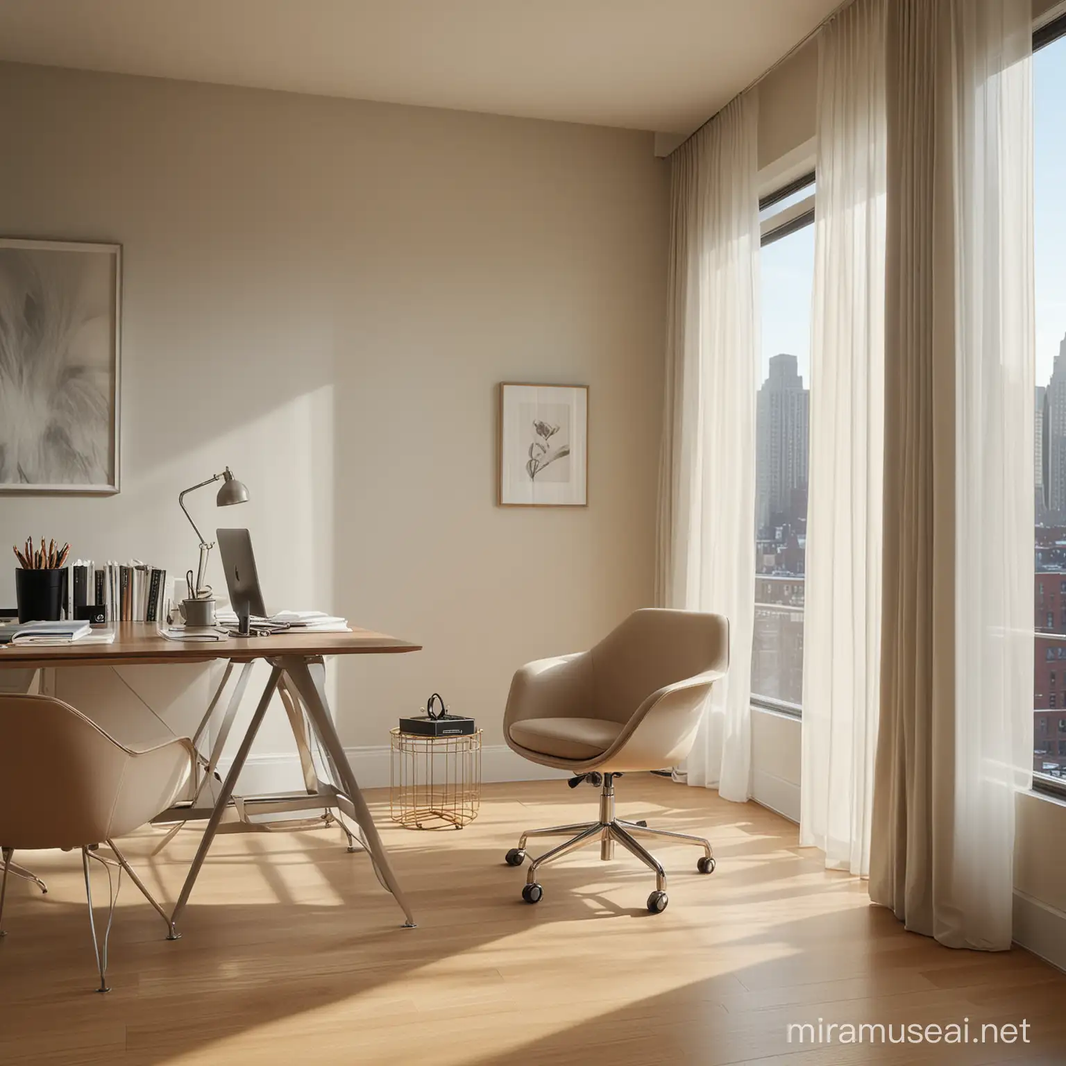 Bathed in soft morning light filtering through sheer curtains, a sleek modern chair sits in an office space. Its minimalist design contrasts with the clutter-free desk nearby, hinting at a professional environment. The chair's clean lines and ergonomic shape suggest comfort and functionality, inviting long hours of productive work. The muted color scheme of the office space adds to the serene atmosphere, fostering focus and concentration. Photo taken by Vivian Maier with a Nikon D850 and a prime lens. Award Winning Photography style, Minimalist elegance, Soft natural lighting, 8K, Ultra-HD, Super-Resolution. --v 5 --q 2