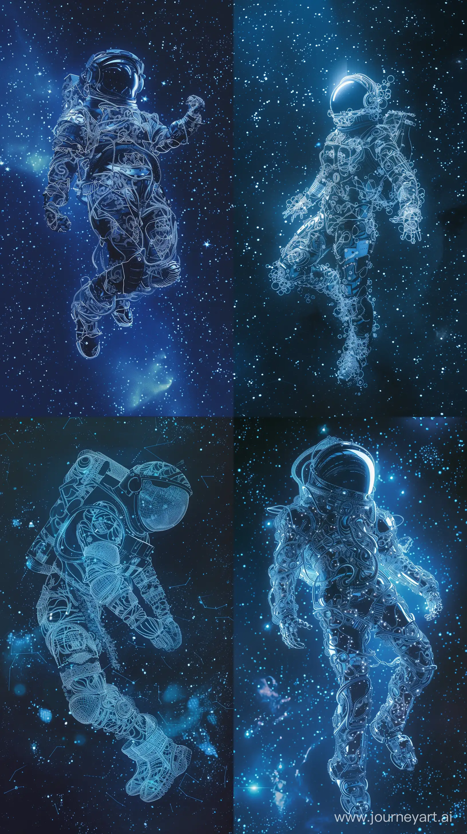 hyperdetailed cyanotype of a cybernetic cyberpunk astronaut covered in intricate bioluminescent filigree armor, floating in outer space among the stars, intricate details and texture, uhd --v 6 --style raw --ar 9:16