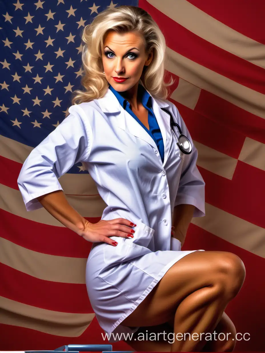 Attractive-40YearOld-PinUp-Doctor-with-Tanned-Legs-Posing-Against-USA-Flag