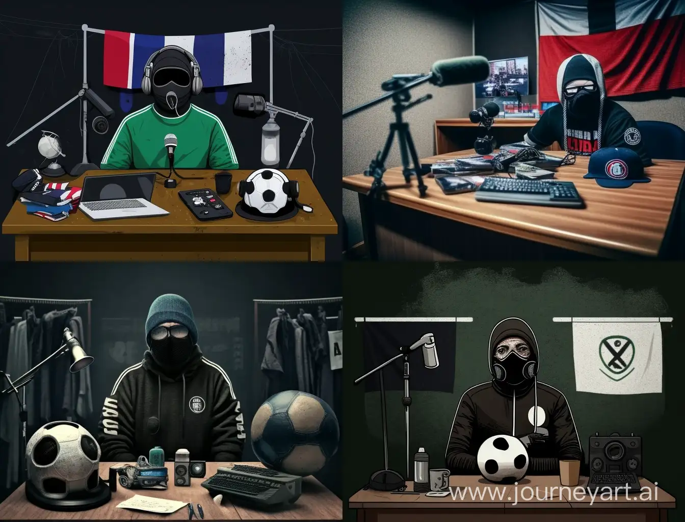 ultras membre with simple balacava set in the desk with old ball of football and baners and staf of supporting and microphones for recording youtube chanell