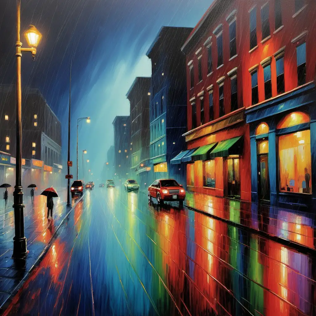 a colorful oil painting of a city street at night in the rain