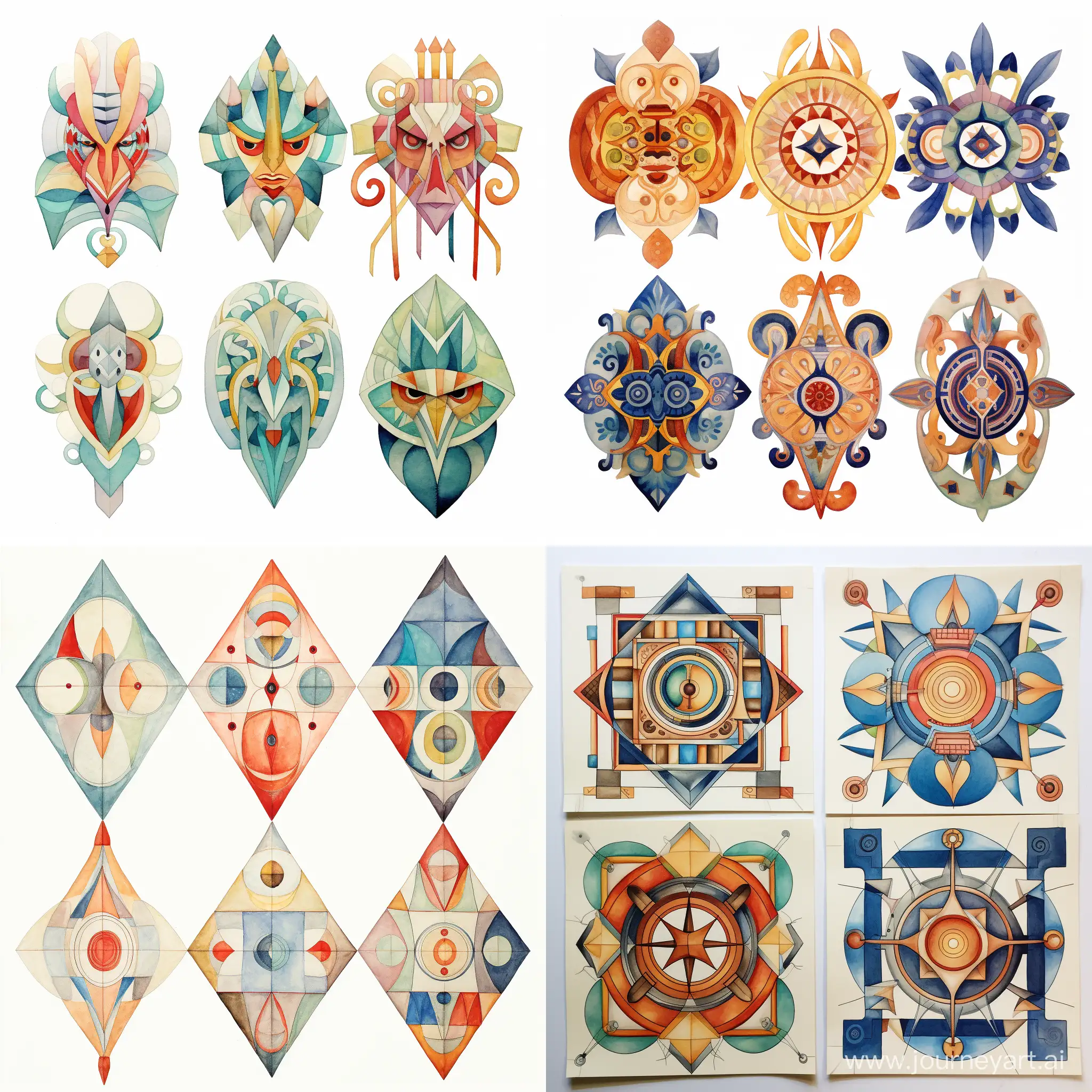 Four variations of an ancient geometric pattern, stylized caricature, Vikto Ngai, watercolor, decorative, flat drawing.