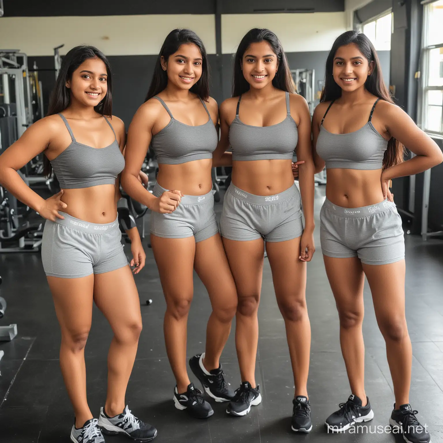 four indian school girls wearing tight grey cotton boxers and strapless bra in gym 