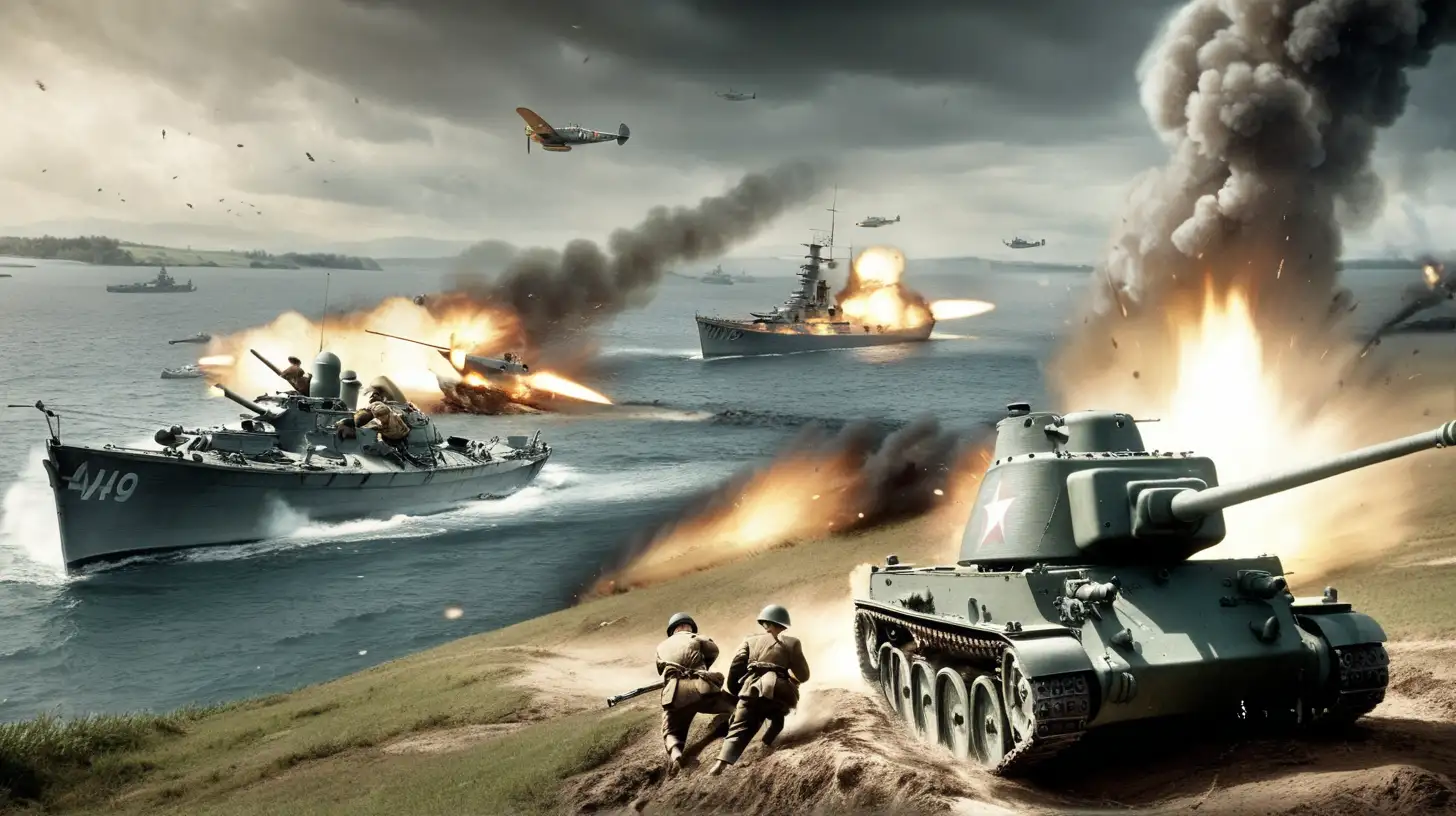 battlefield, WW2, mortar shooting, landscape, firefight, war, bunkers, battleship, water