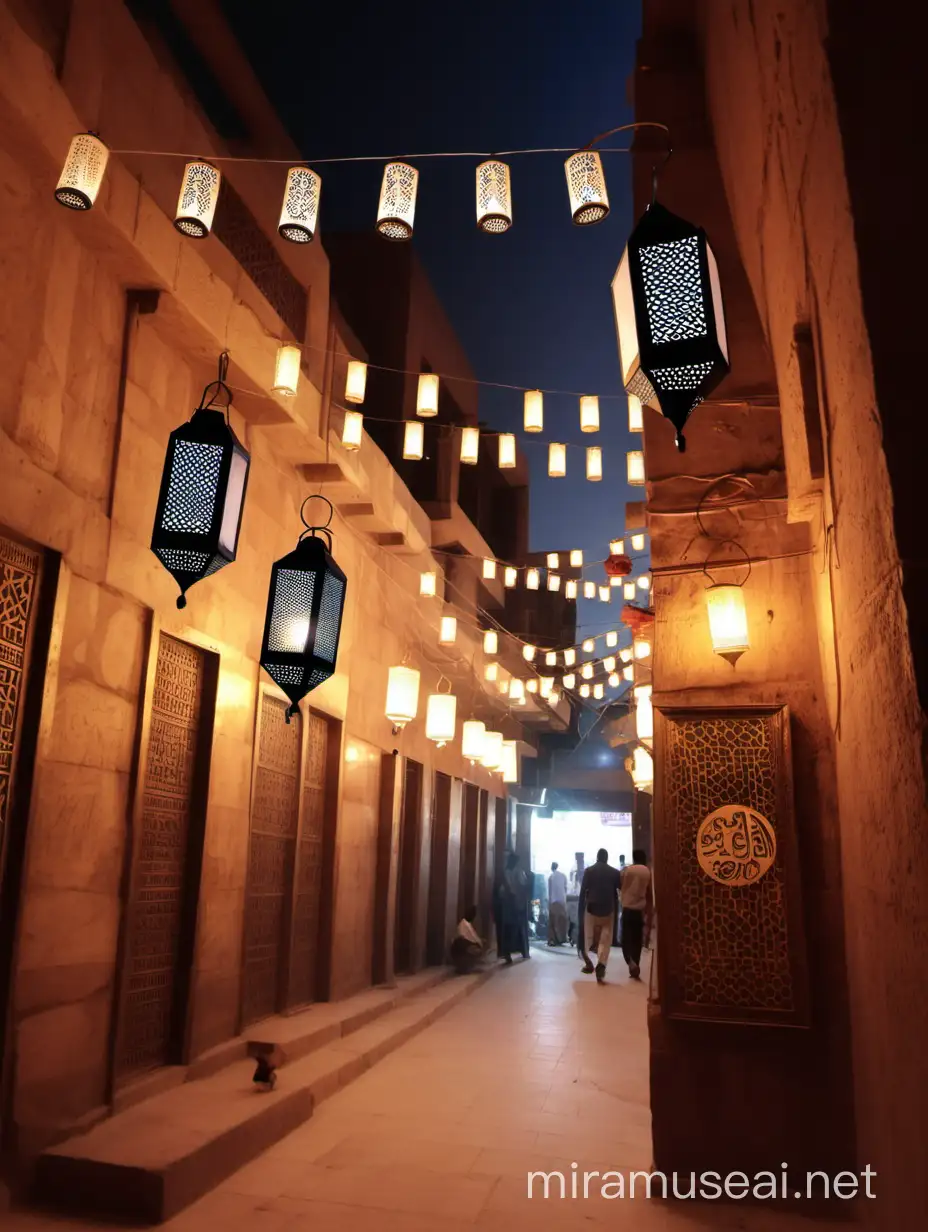 A picture of the Ramadan lantern and Ramadan decorations in the ancient Egyptian streets, and I do not want any errors in the picture. 