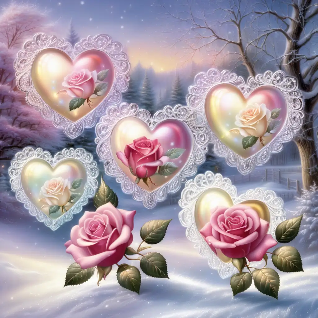 Five Beautiful country style opalescent Hearts, Beautiful Bi-colored roses, wintery background,  Happy Valentines Day, filigree, sparkle, glistening, glowing, glittery, pink, White, Black, gold, Thomas Kinkade