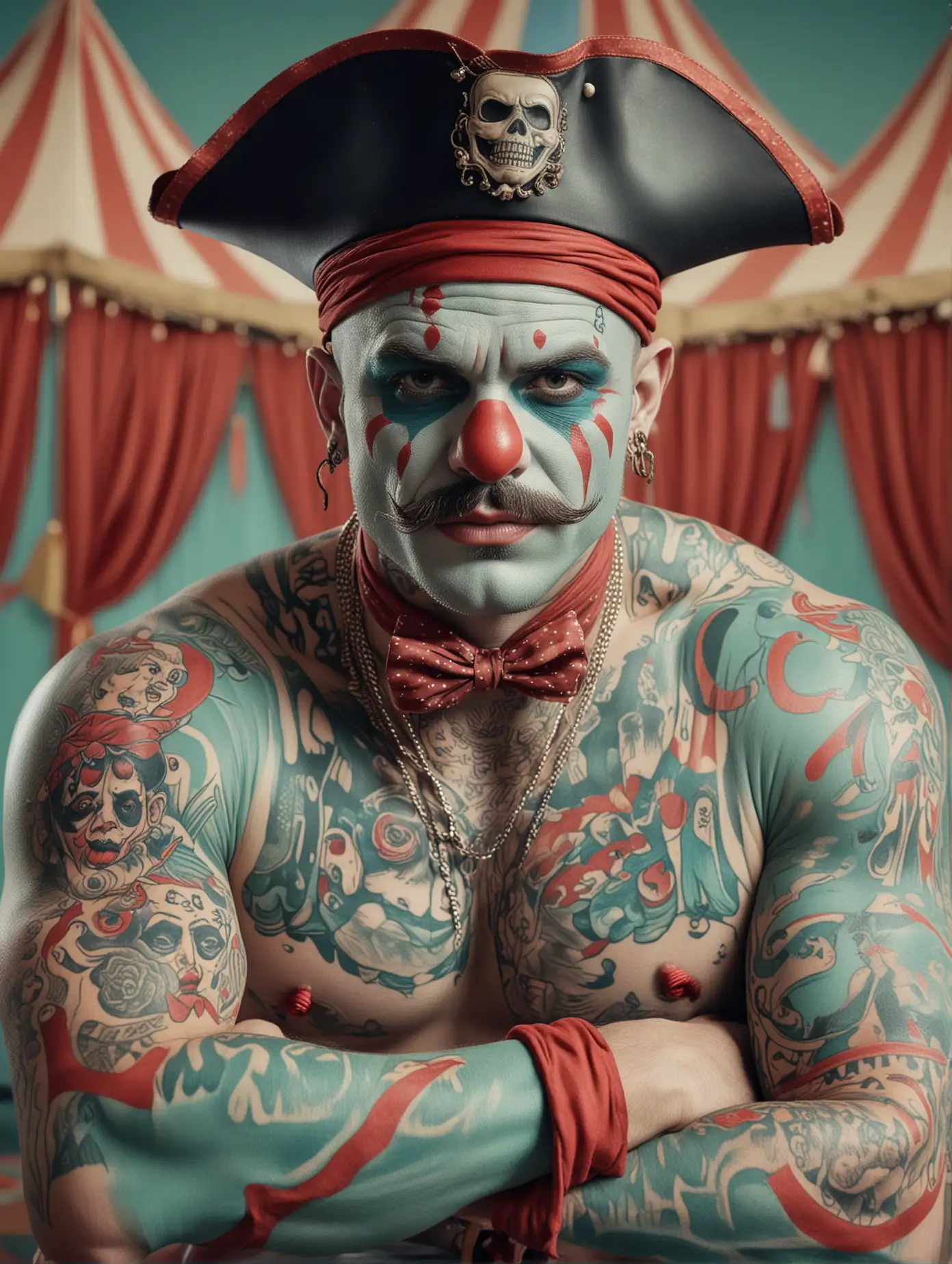 circus, highly detailed, circus, in the style of whimsical yet eerie symbolism, American 1960's circus, light cyan and red palette, close up portraiture, muscular, circus strong man dressed as a sad chunky clown with shaved head, handlebar moustache, large arms, covered in tattoos, arms folded, wearing a pirate themed outfit, pirate hat, covered in tattoos, inside a circus tent, nature-inspired pieces, circus costumes, ultra details