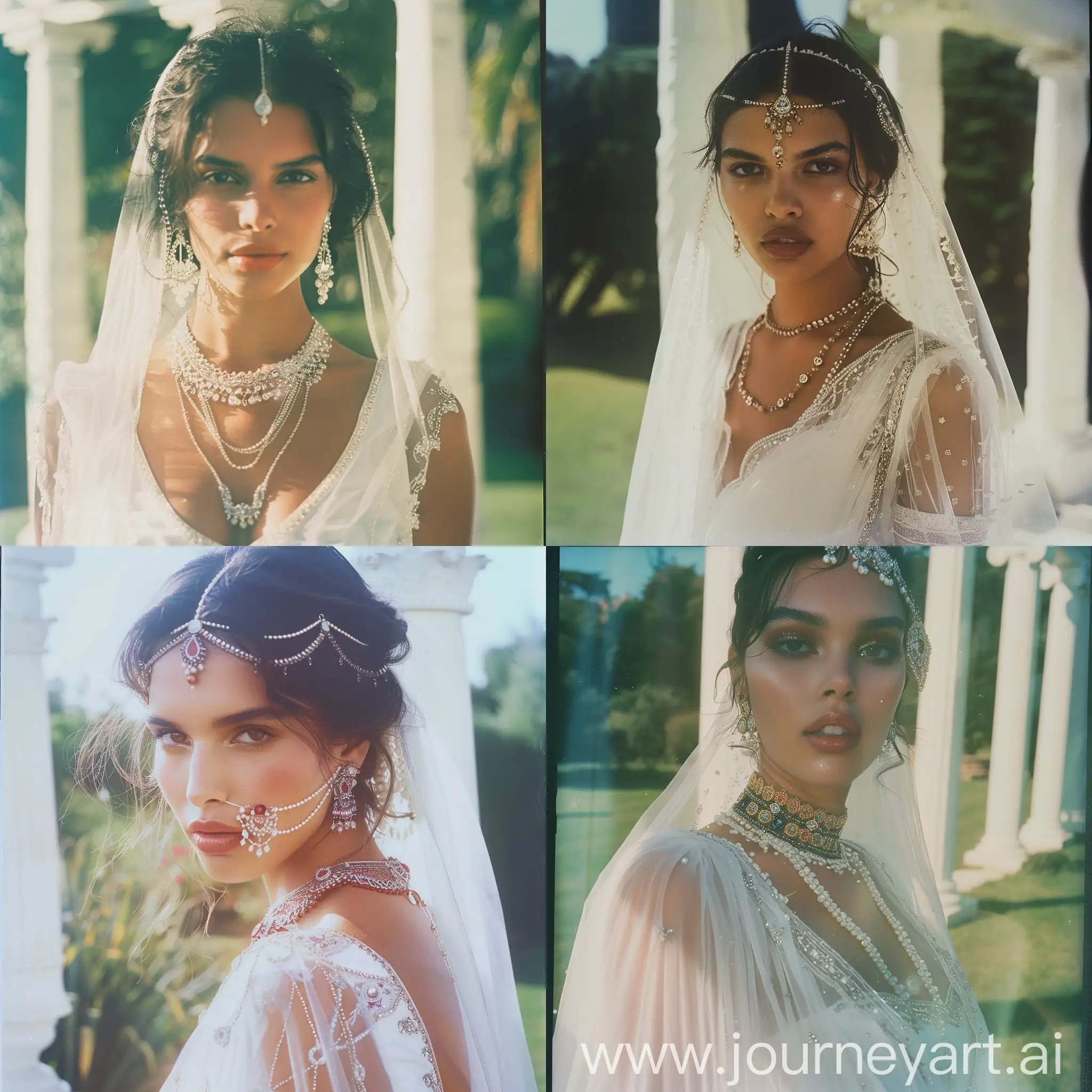 ⠀⠀⠀⠀ ⠀⠀⠀⠀  beautiful woman, white dress воздушное, на голове Indian украшение  с кристаллами, бисером, фата, сияние, close-up portrait, на фоне белые колоны и зелёный сад, внимание к деталям, высокая детализация, выразительные черты лица,  кадр в движении,  профессиональная съемка, film grain, высокое качество, vogue fashion illustration,  Polaroid, 1/250s, f/2.8, ISO100