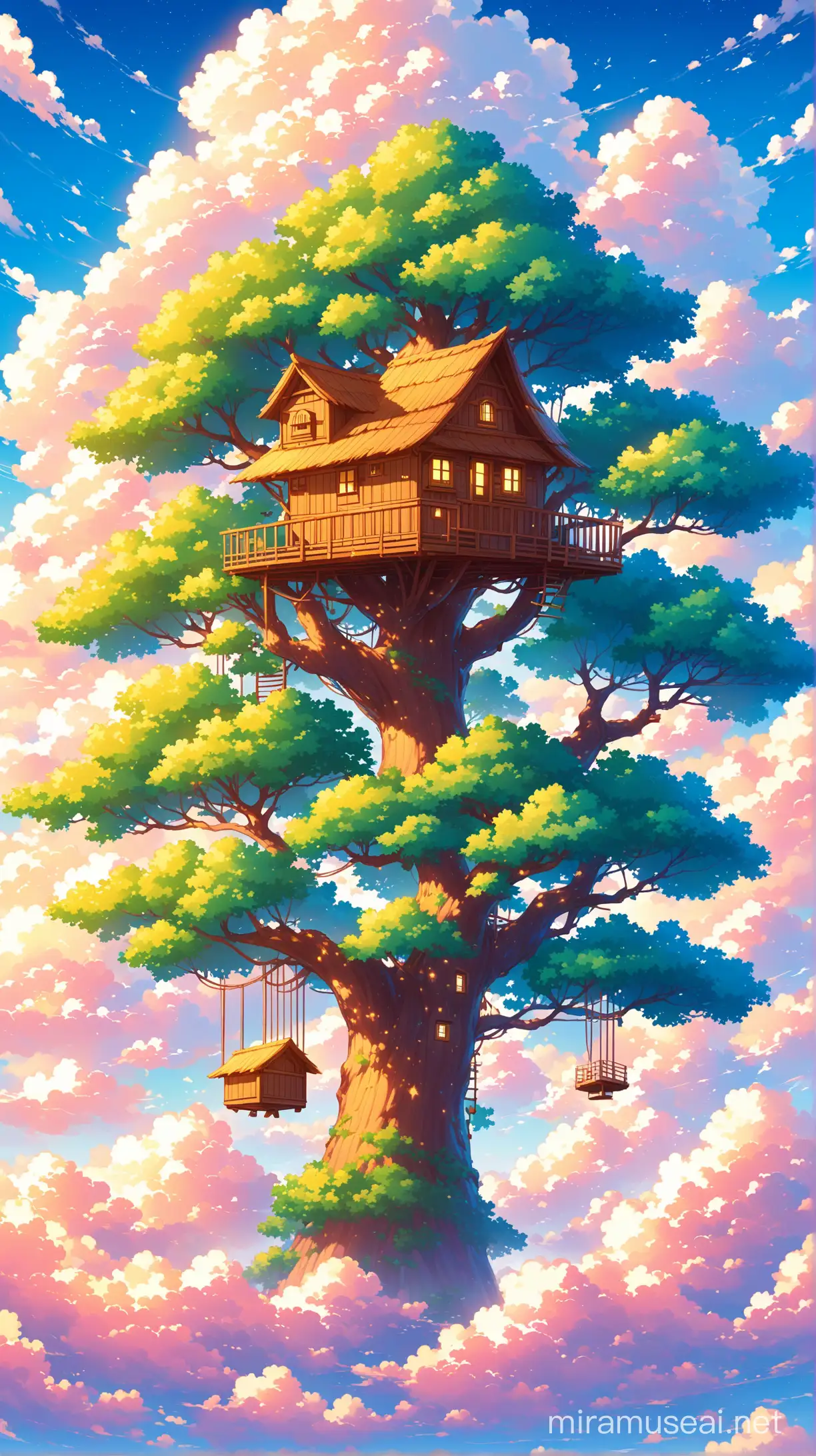 Dreamy Tree House in the Sky with Pretty Clouds