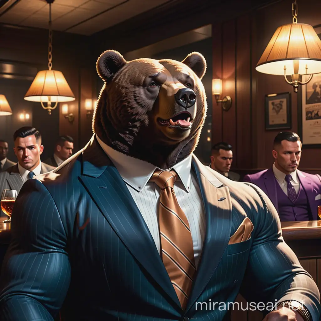 Create a detailed 2D comic book style image of a big, muscular black bear with a tan snout. He is dressed in a pinstripe suit and holding a cigar, seated in a corner of a classy criminal bar lounge, similar to the nightclub from the show 'Power' by 50 Cent. The bar is dimly lit and crowded with other criminal figures, conveying a high-class criminal atmosphere. The bear is looking sideways towards the camera from a corner angle. A spotlight illuminates him, highlighting his presence against the moody, shadowy background of the bar.