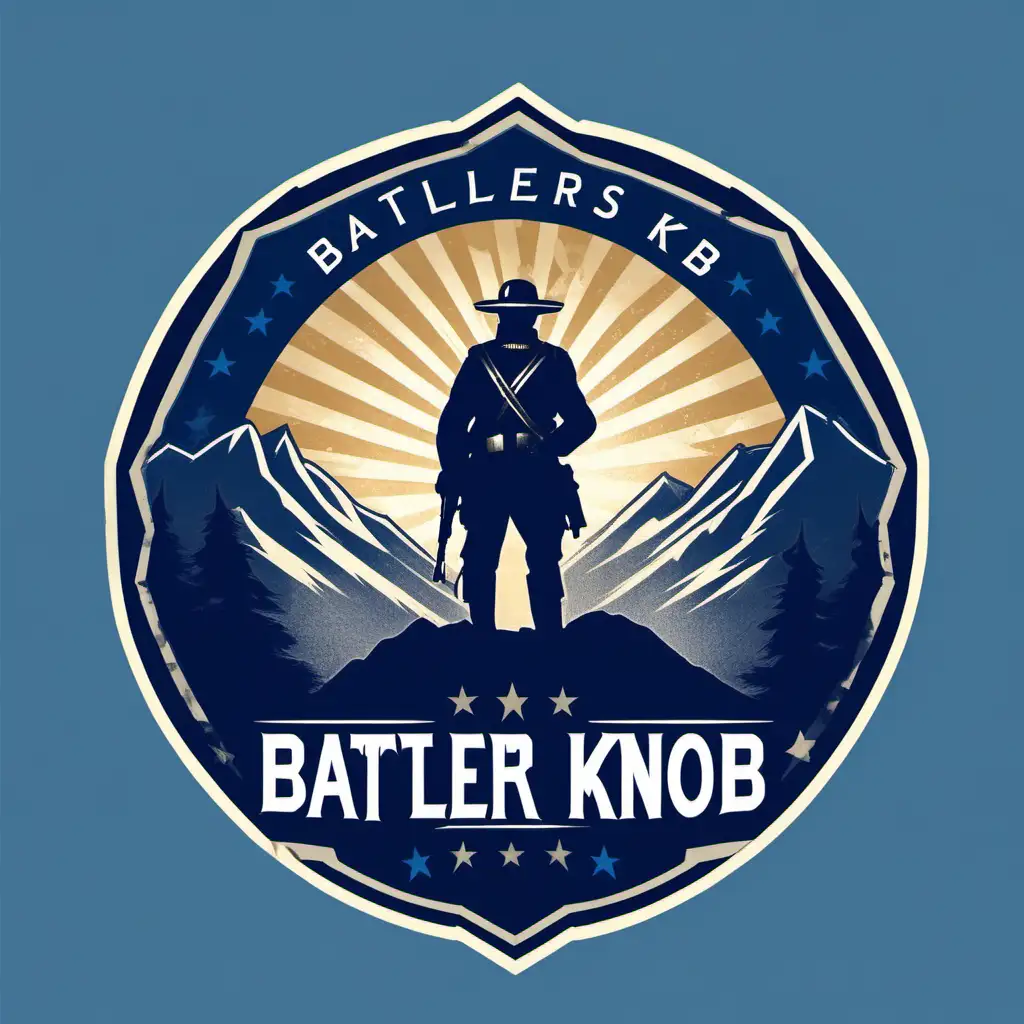 Logo Design for "Battlers Knob" Including a Civil War  solider head Spot Color Minimal detail Blue white Face and gold mountains in the backgrounD
