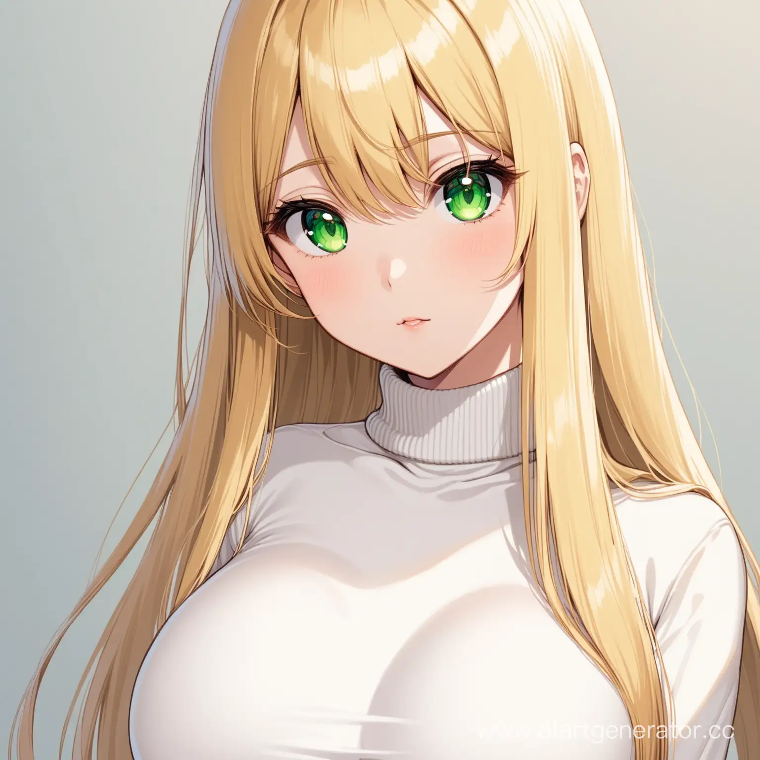 A low girl, big breasts, long straight blonde hair and big green eyes, she is wearing a white turtleneck 