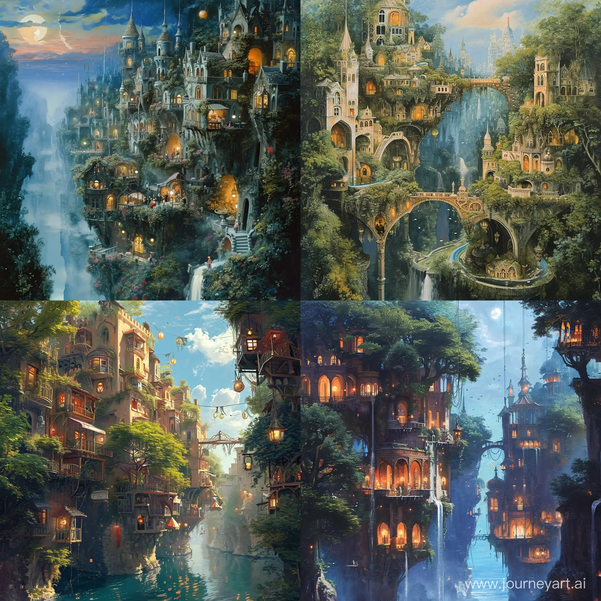 Romanticism::1.5. depicts a fantastical cityscape with a river running through the middle. The buildings are covered in plants and there are many hanging objects such as lanterns and signs. The city is surrounded by trees and the sky is blue. Realism, X-ray. --v 6