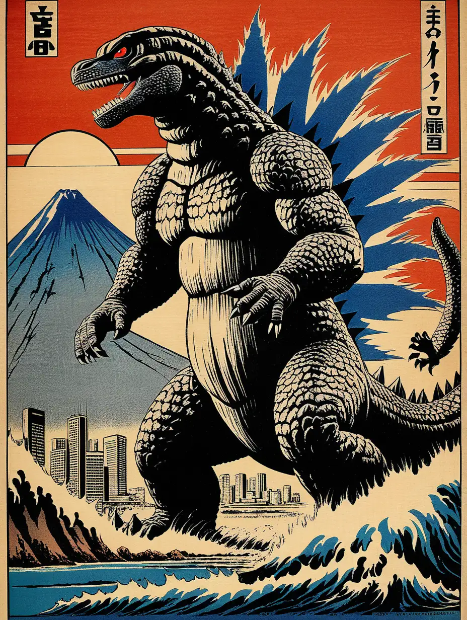 Japanese wall art of Godzilla