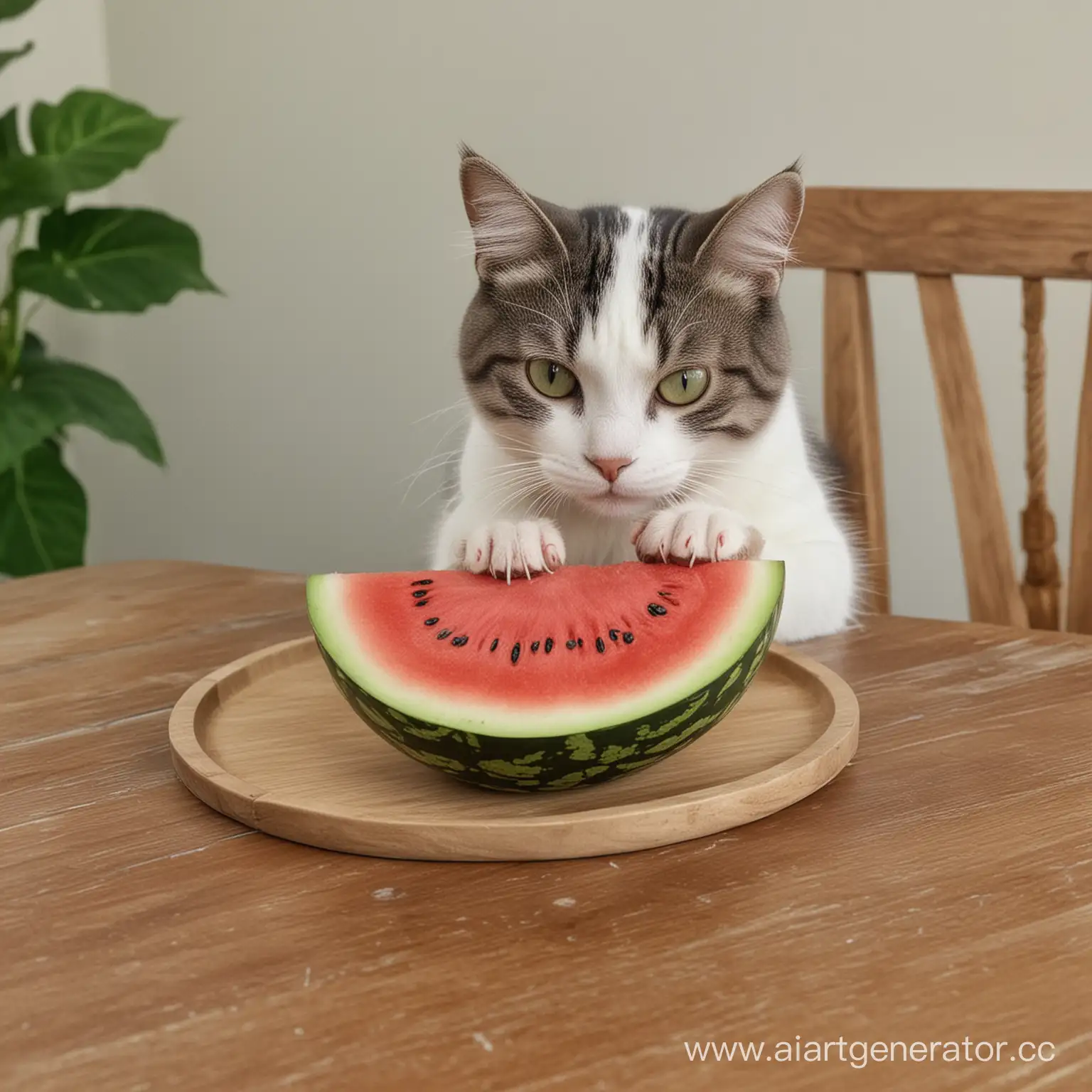 Cat-Eating-Watermelon-on-Table