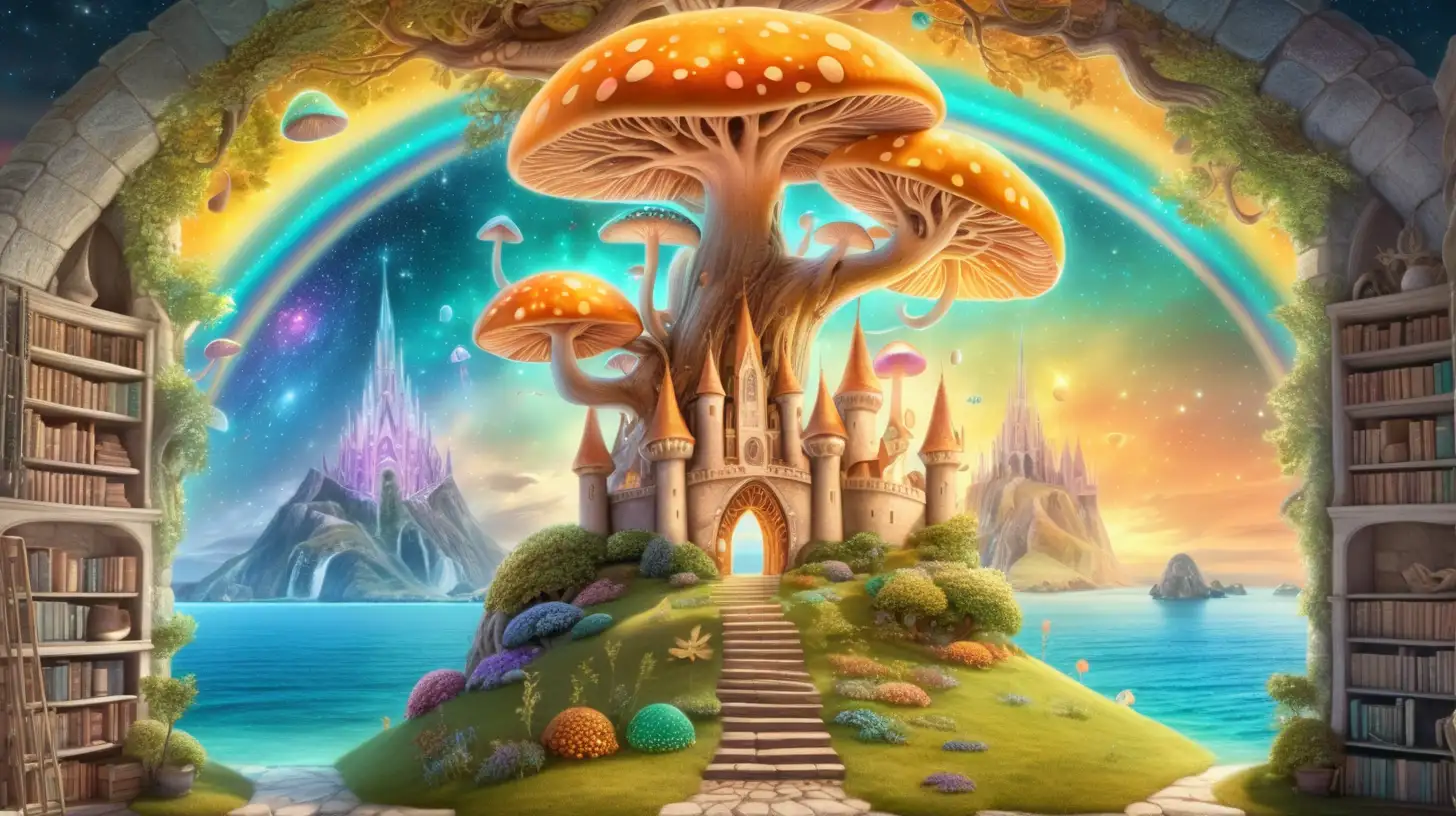 bookshelf portal to fairytale-magical grape trees -glowing-bright golden orange-pastel green-sky blue forming a castle that shows outer space astroids and rainbow-mushroom garden and a bright ocean