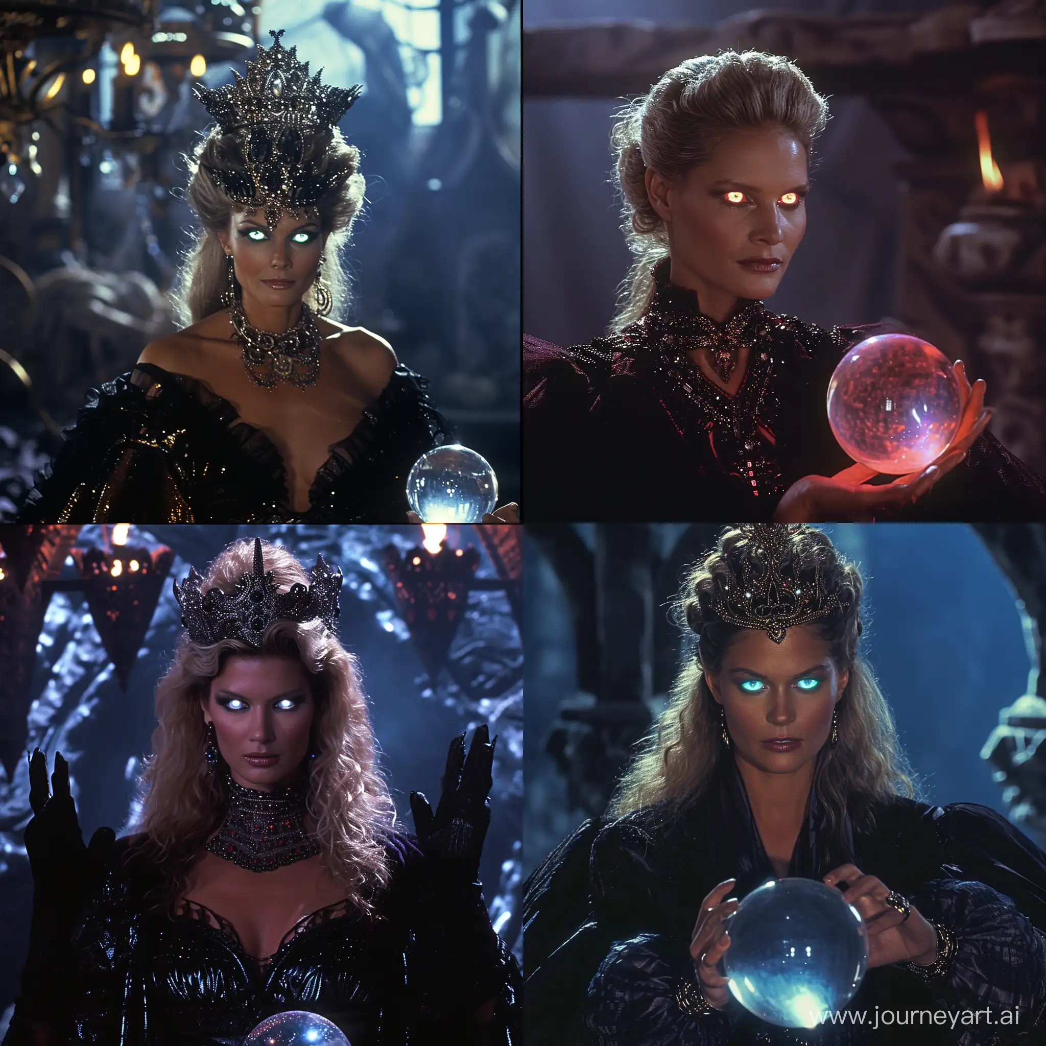 Heidi Klum in an 80s fantasy movie, dark queen, glowing eyes, crystal ball.