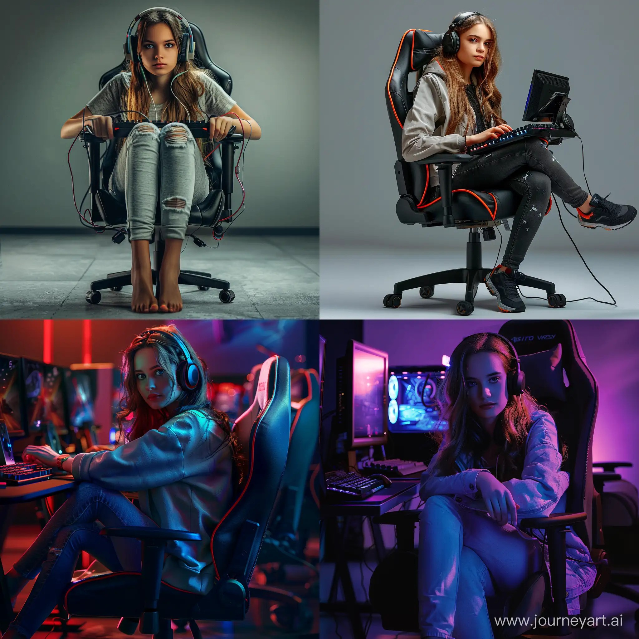 girl assise sur une chair avec des ordinateur et un écouteurs et un clavier, dans un style gaming, elle jouer au jeux video, photoréaliste , elle regarde la caméra