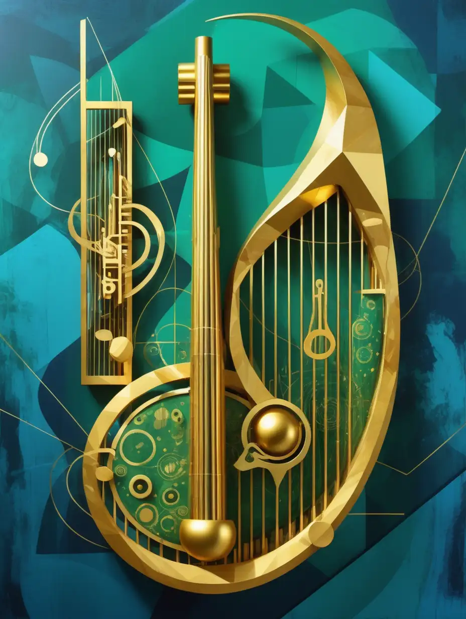 organic and mechanical art with gold wood musical instrument, in a geometric and abstract shapes blue green background