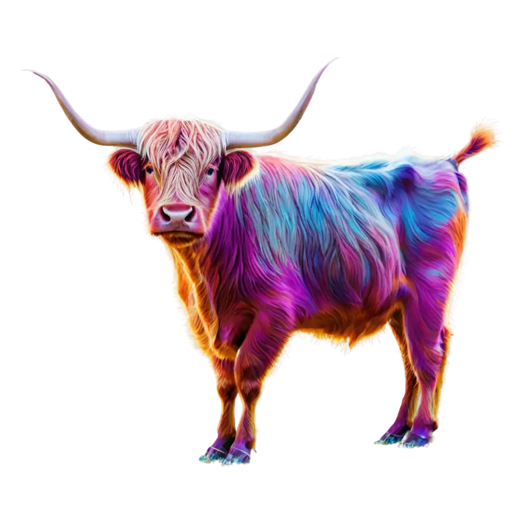 a super brightly colored trippy psychedelic colored highland cow