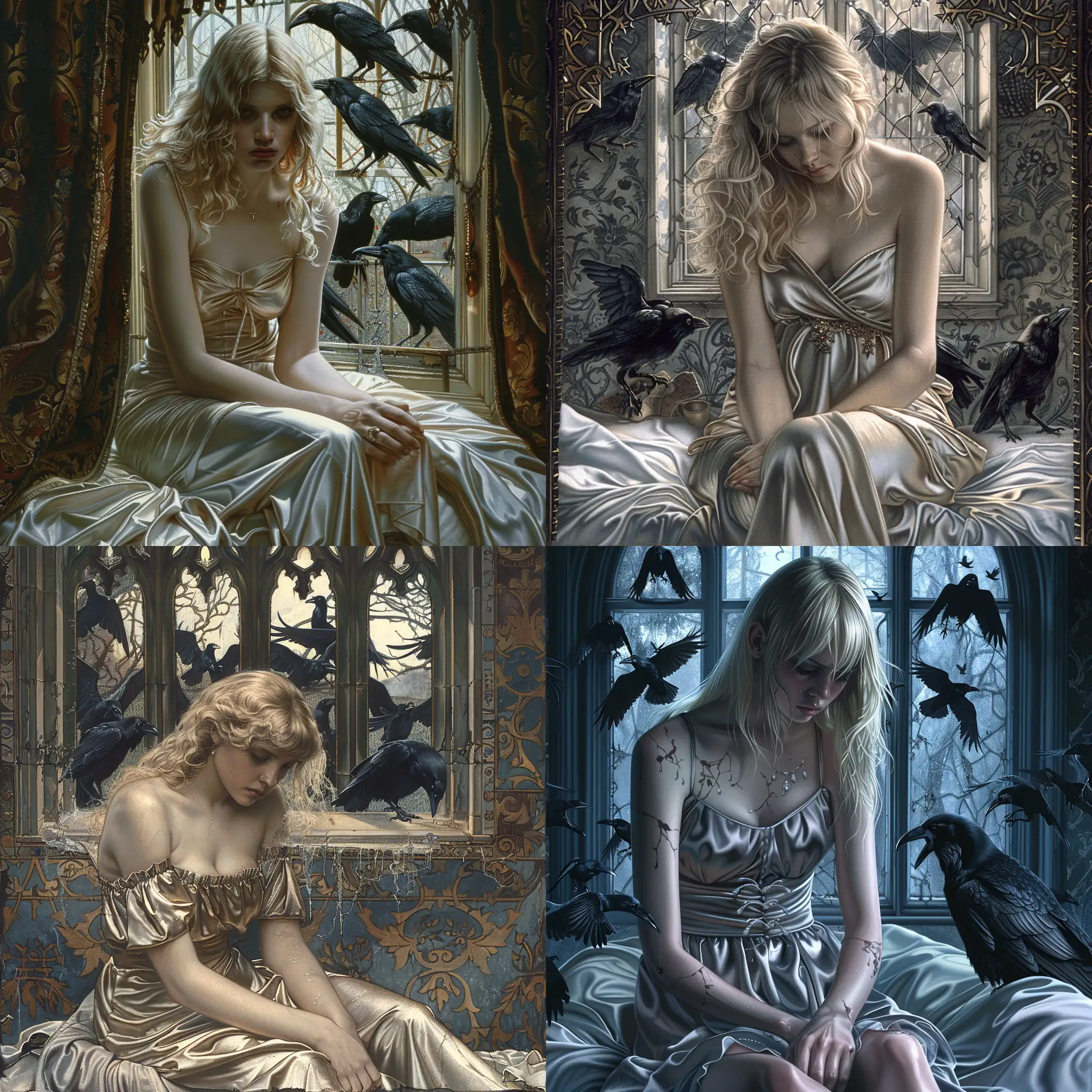 A striking  highly detailed   gothic image of  beautiful sad blonde woman sitting on her bed wearing a satin nightdress. Outside the window there are lots of menacing ravens looking in. Beautiful magical mysterious fantasy surreal highly detailed . Pre Raphaelite 