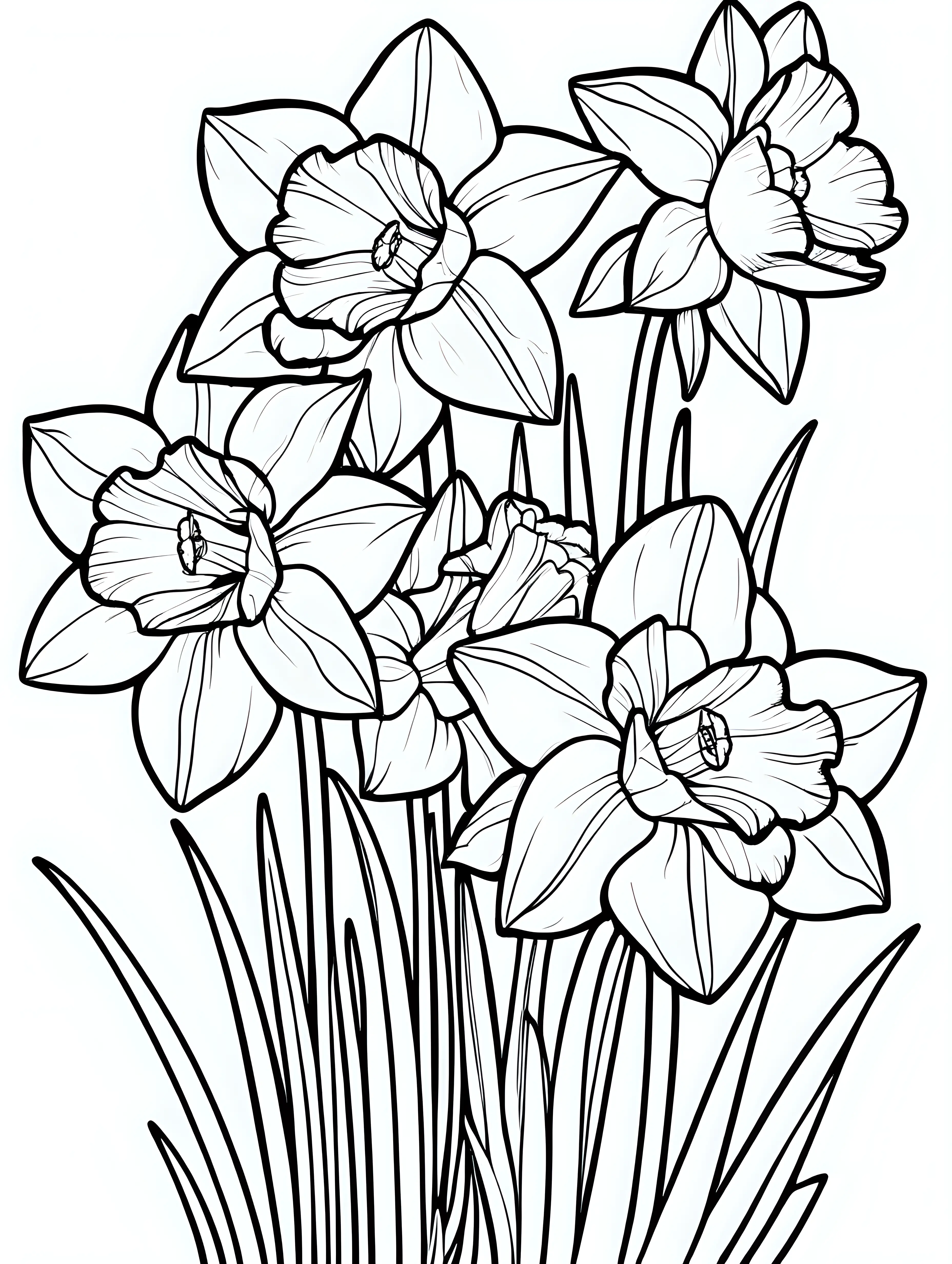 Beautiful large narcissus flowers black and white coloring page, cartoon style, thin lines, few details, no background, no shadows, no greys