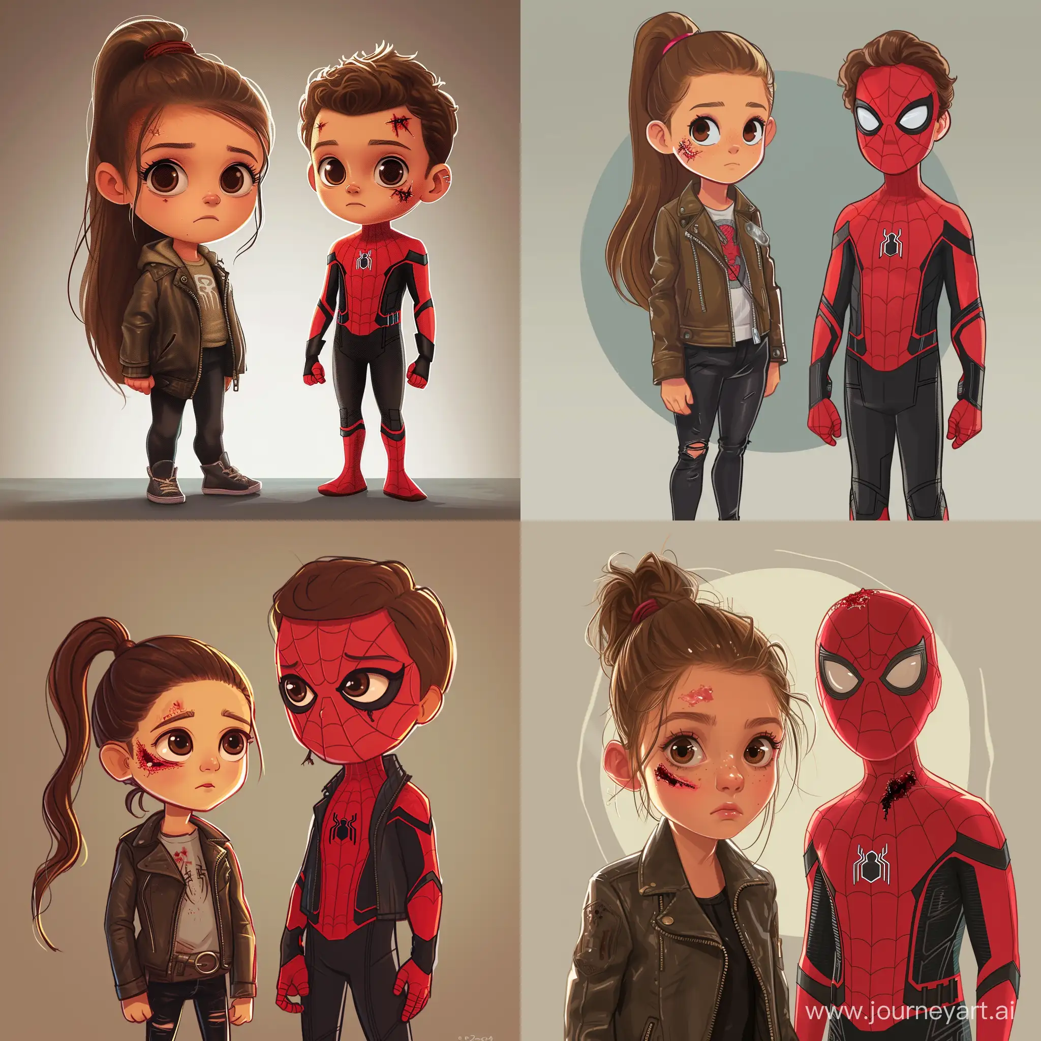 17 year old girl, brown hair in a ponytail, brown eyes, a small cut on her face, leather jacket, black pants, spider man beside her, spider man has his suit on, spider man has his mask off, he looks like the tom holland spider man, he has a small cut on his face, there is a rip in his suit, cartoon style