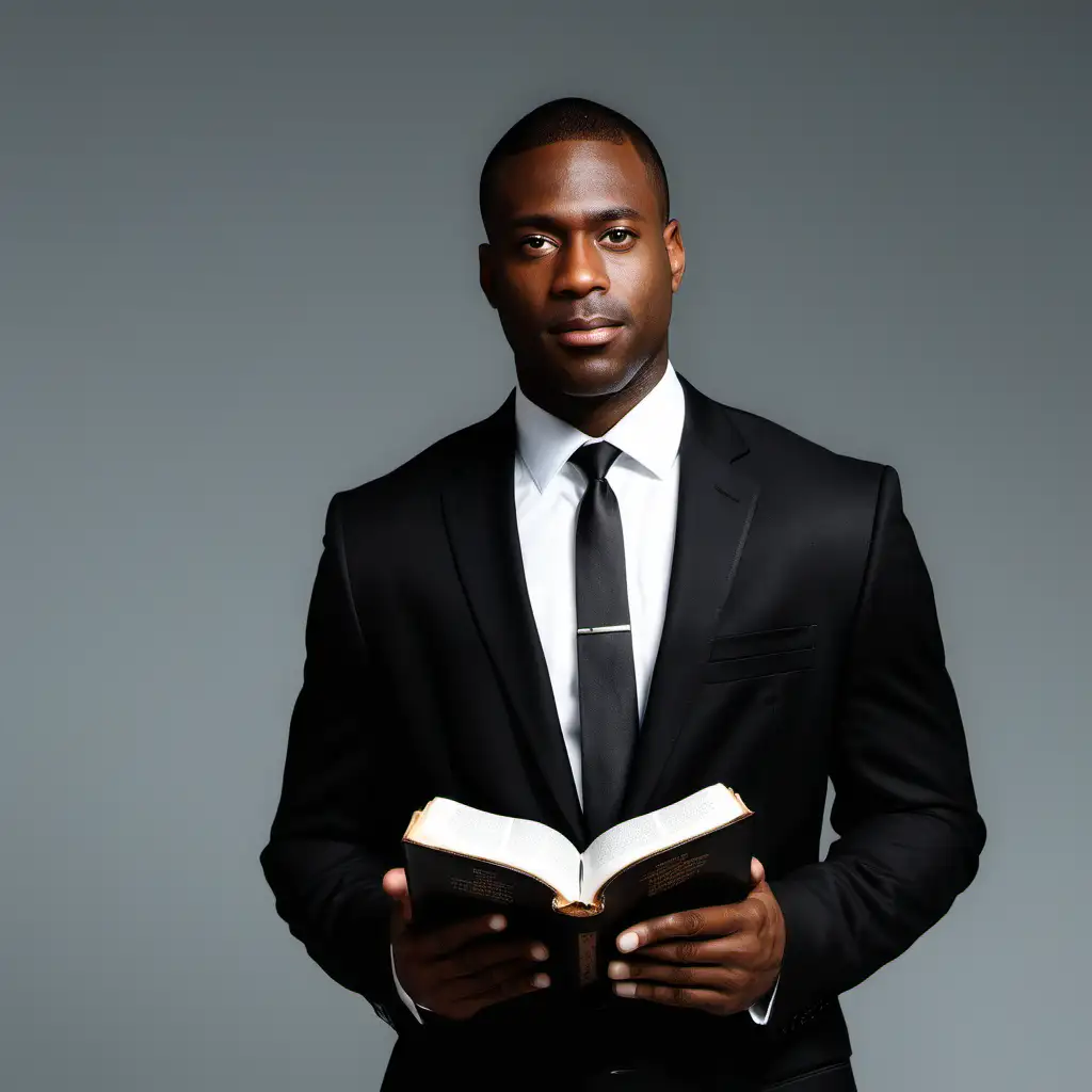 black man waering pastorblack suit with white shirt with bible in his hand