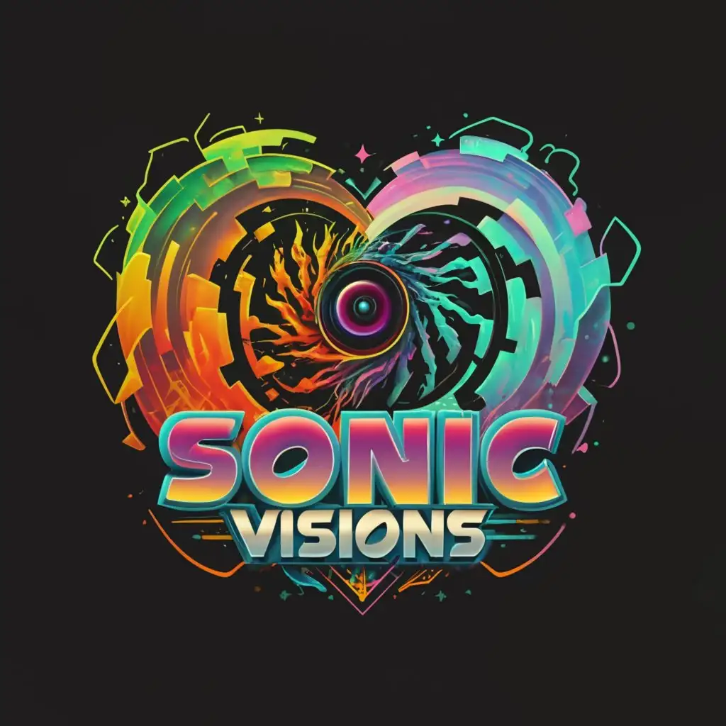 a logo design, with the text 'Sonic Visions', main symbol: swirling black hole inside fractured heart cut diamond, rainbow colored, sonic the hedgehog font, complex, to be used in Entertainment industry, clear background