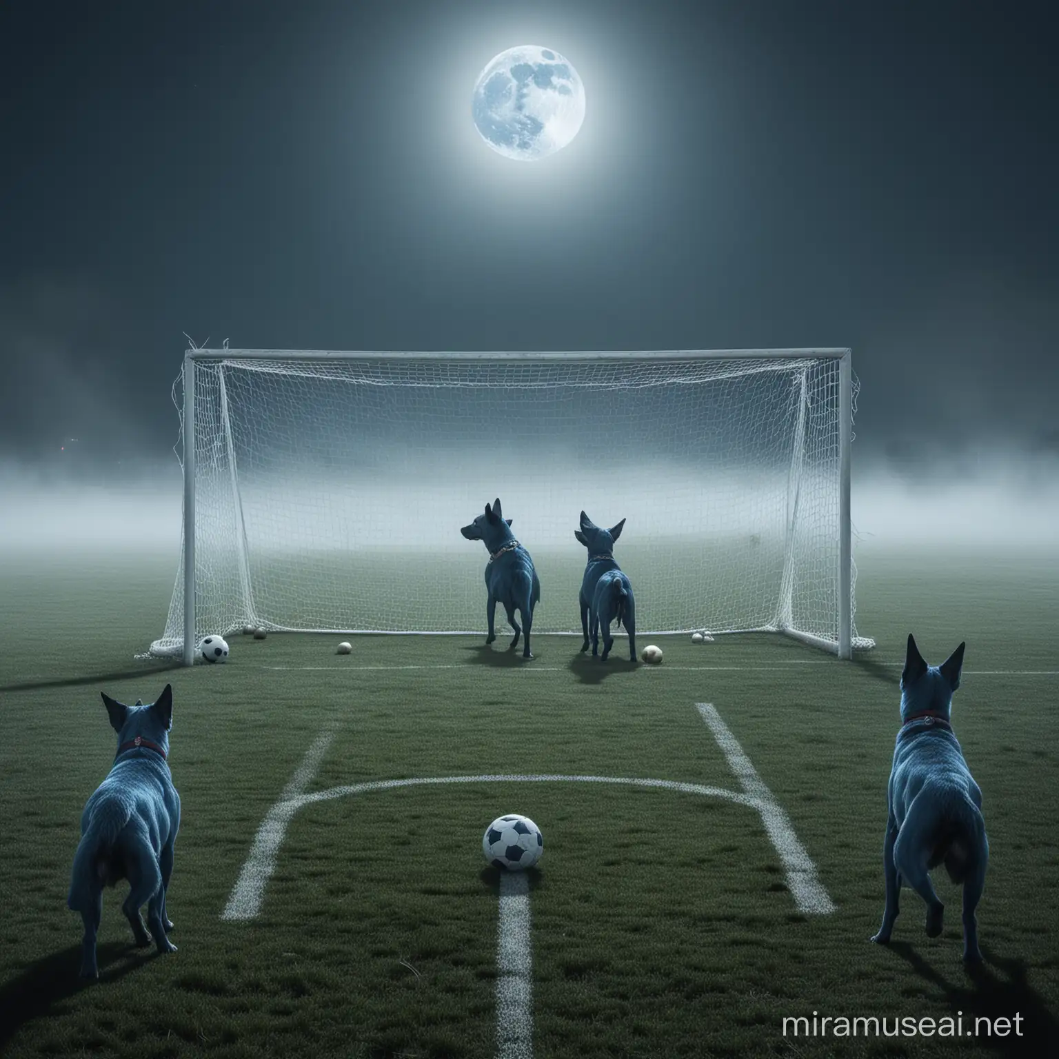 destroyed football field, ball at penalty kick, human in front of the goal, fog, 2 blue dogs in front of the ball, moon, dark